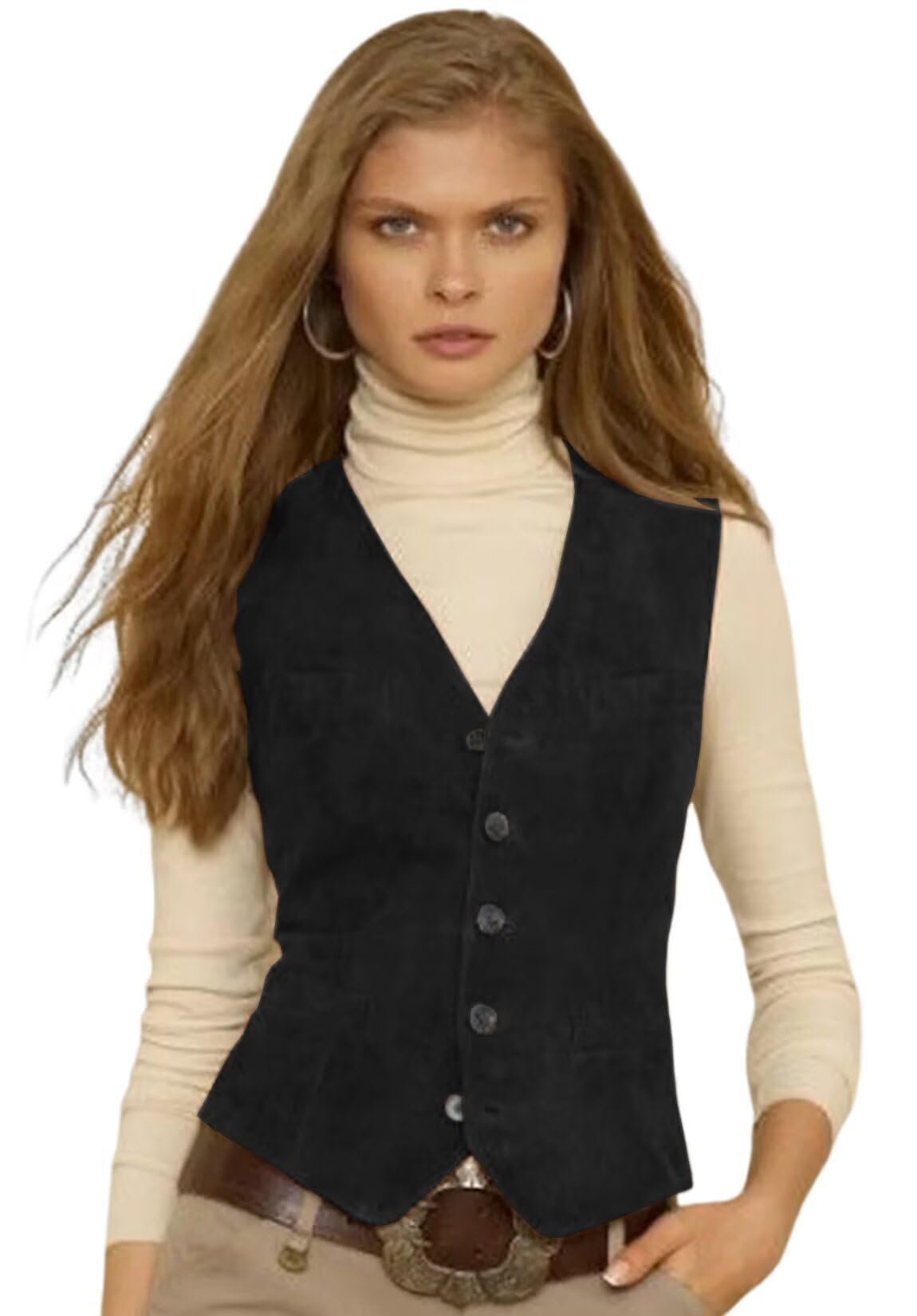 Womens Suede Button Up Vests Fully Lined Waistcoat V Neck Regular Fitted Sleeveless Jacket