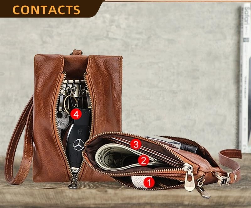 Unisex genuine leather wallet, multifunctional 2-in-1 keyring with wrist strap, fashionable handheld storage bag (Brown)4