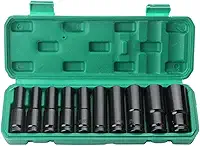 Jogo de Soquetes de Impacto 1/2 Profundos 10 Peças (8-24mm) - Cr-V - Alta Torque - Caixinha Organizadora - Ideal Carros e DIY