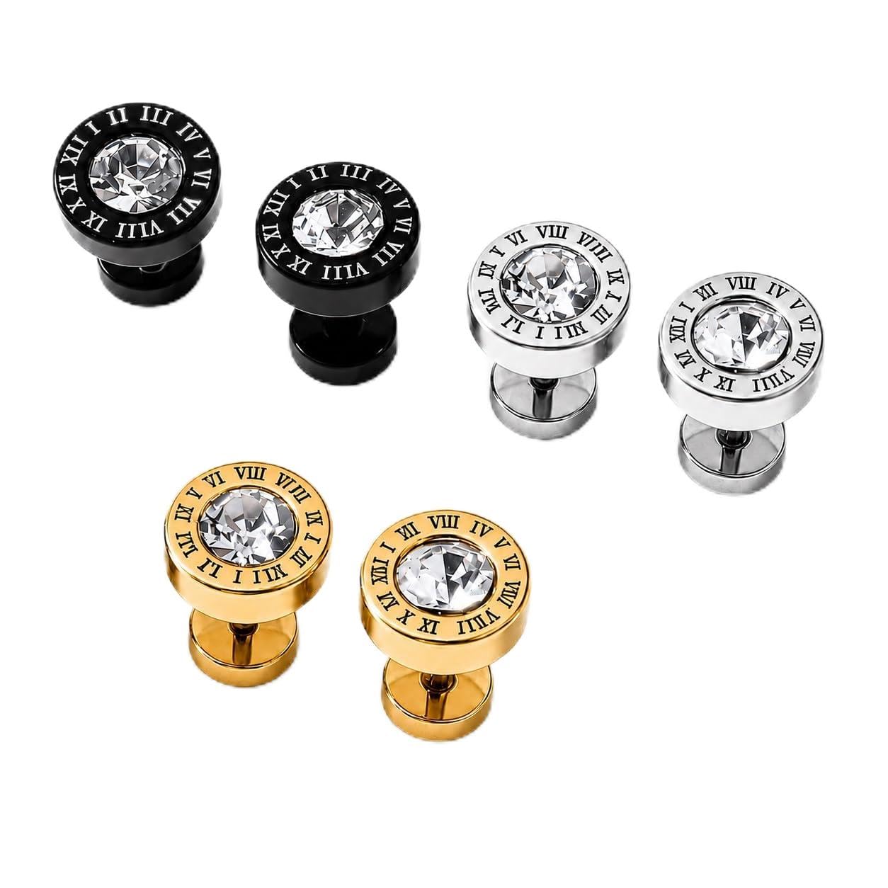 1 Pair Silver,Black & Gold Color Round Roman Numeral Crystal Stone Stud Earrings-picture-11