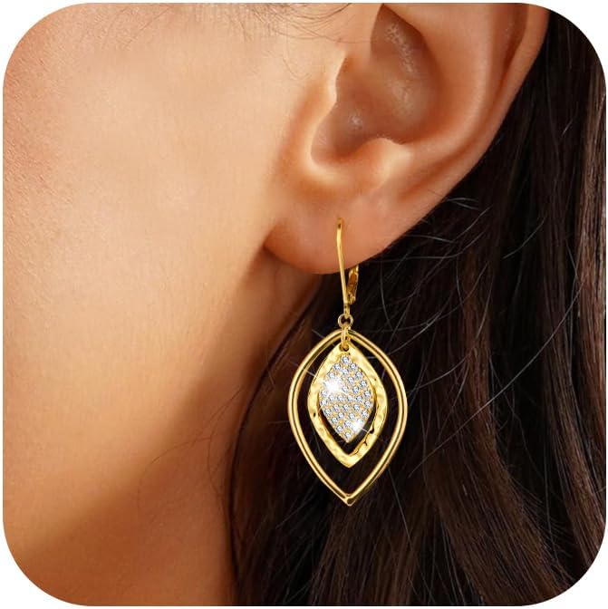 Leverback Sterling Silver 14K Gold Dangle Earrings for Women Trendy Hypoallergenic Drop Earring Statement Dangle Dangling Cubic Zirconia Earrings Jewelry Gifts - Image 2