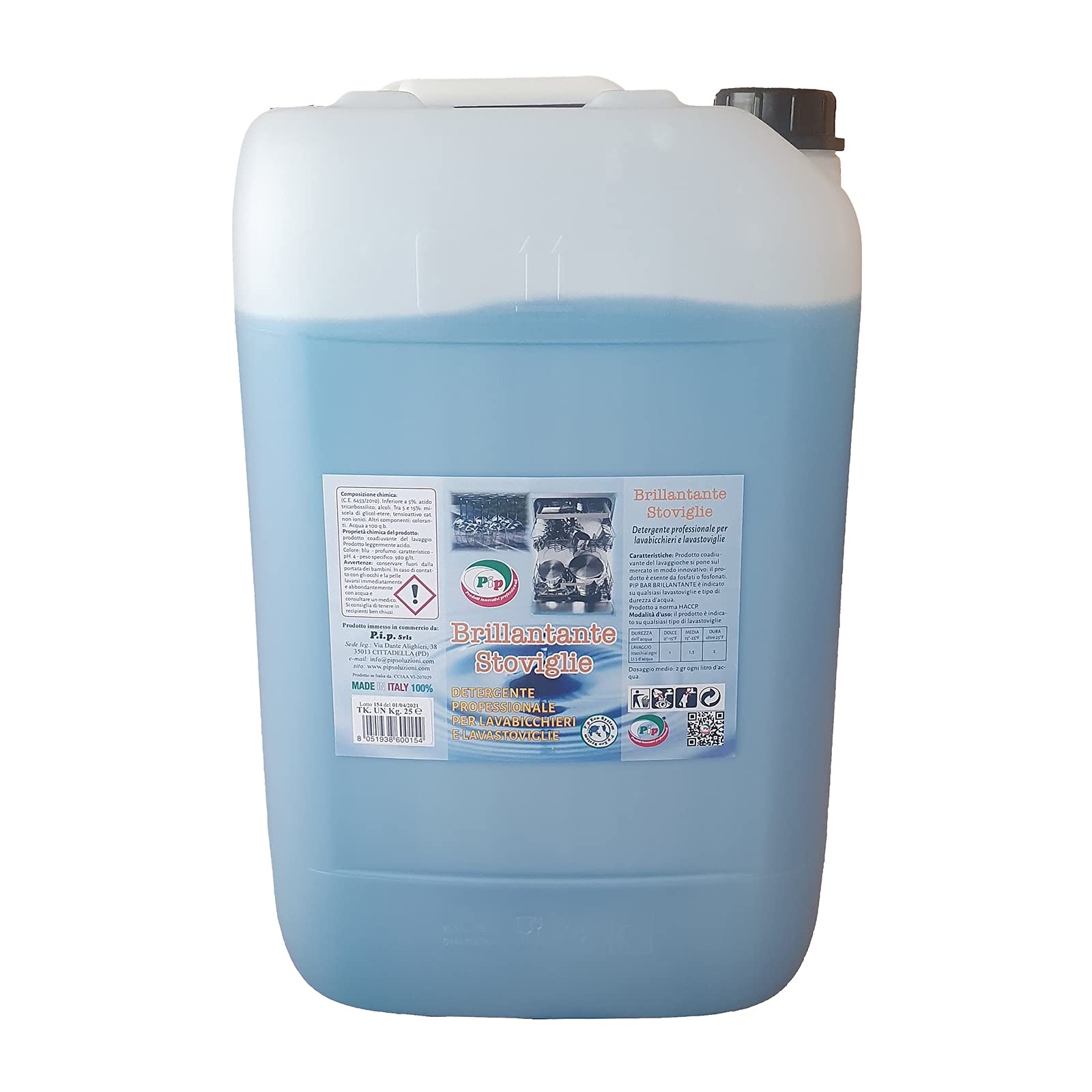 PIP Brillantante Lavastoviglie Professionale, Additivo Lavastoviglie, Pulizia Rigenerante, Anticalcare, Detergente Industriale, Tanica TK 25 Kg, Ho.Re.Ca., HACCP