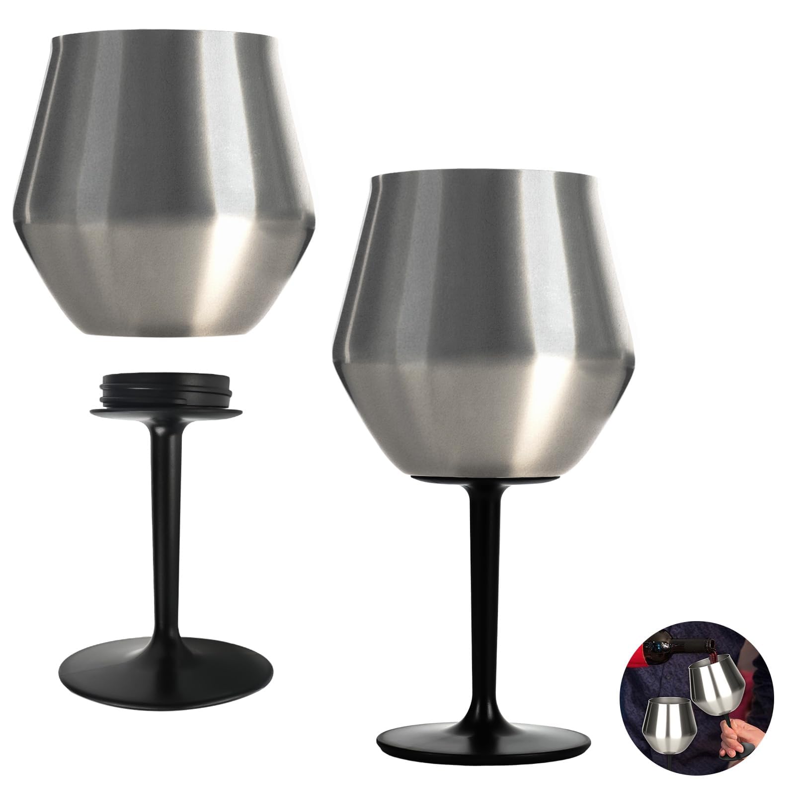 Wine Tumbler with Detachable Stem & Stemless, 14oz/420ml Stainless Steel Wine Glass, Insulated Tumbler Portable, Unbreakable Shatterproof Metal Red Wine Glasses for Outdoor, Travel, Camping, Pool
