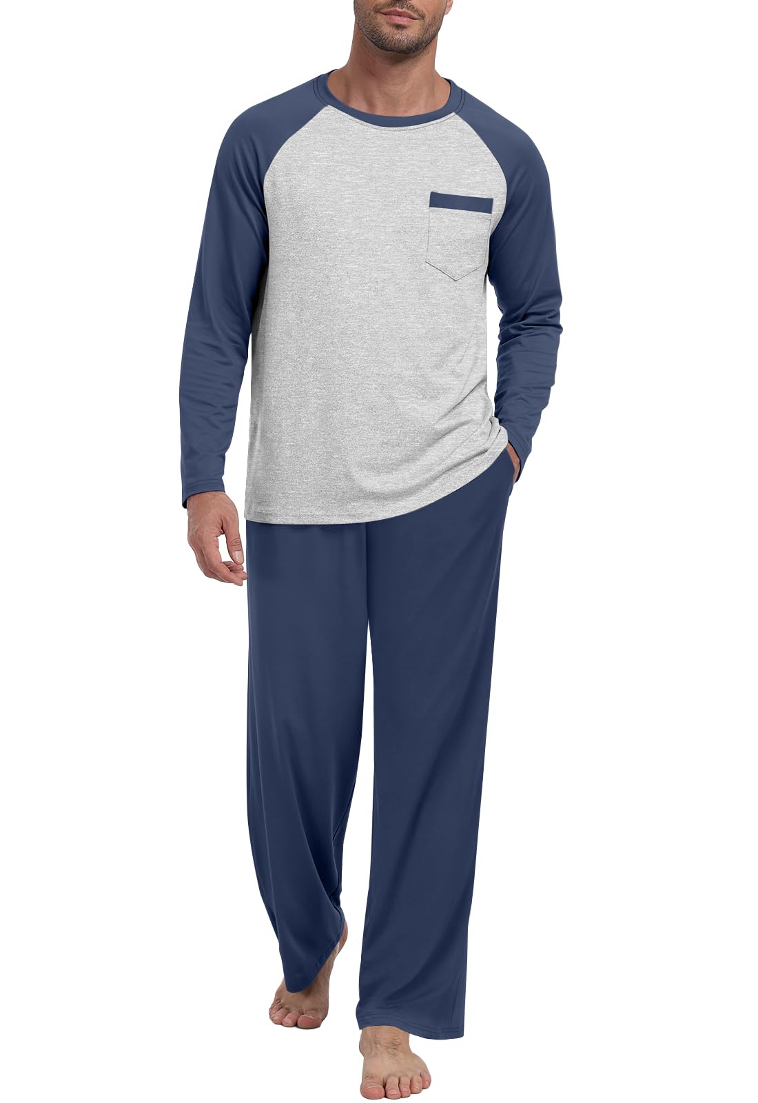 Mens Pajama Set Pjs Sleepwear Lightweight Long Sleeve Pjs Soft Comfy Sleep Set With Pocket-image-5