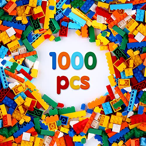 Building Bricks 1000 Pieces, Basic Building Blocks with Random Colors, 8 Shapes, 1000Pcs Bulk Building Bricks for Kids Age 3+, Compatible to All Major Brands