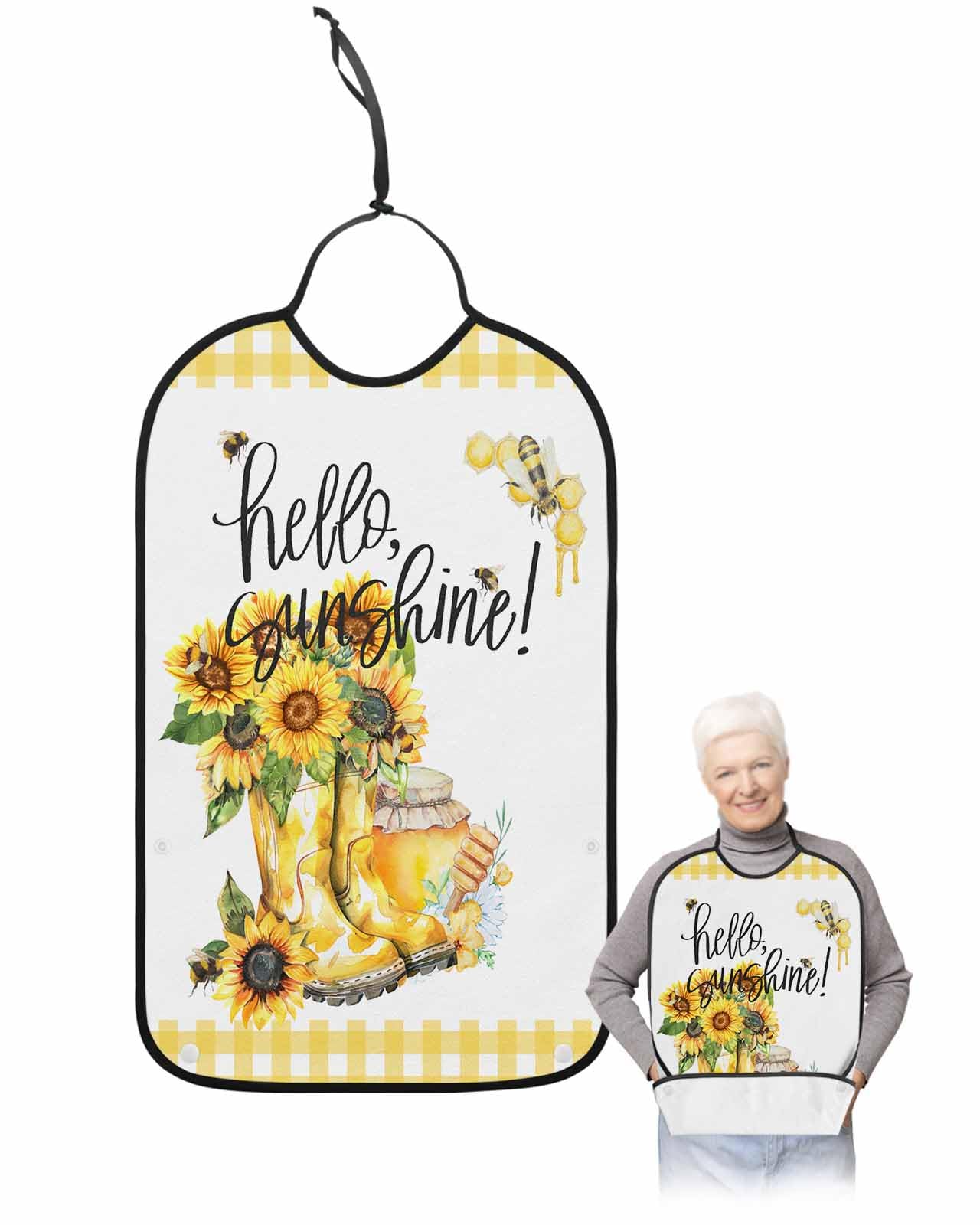 LEOKOTI Sunflower Adult Bibs for Eating, Waterproof Bibs with Food Catcher & Adjustable Snap Closure, Yellow Plaid Watercolor Bee Floral Washable Clothing Protectors Adult Bibs for Elderly Women/Men