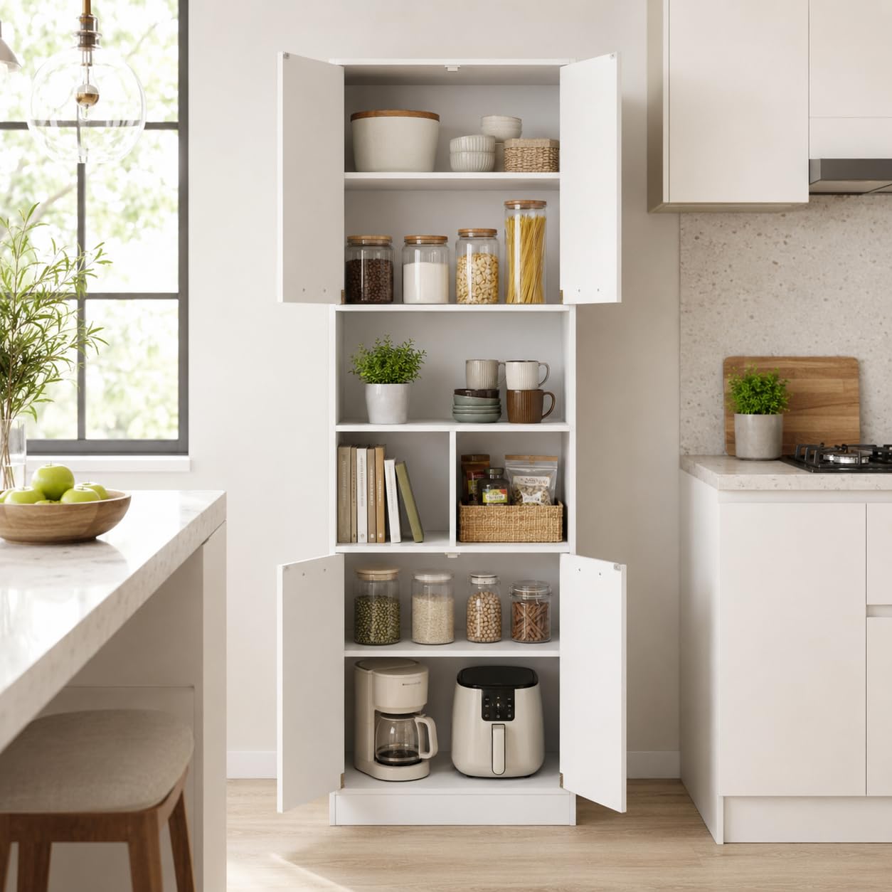 Küchenschrank Hochschrank (60x40x180,5 cm), Mehrzweckschrank mit 4 Türen & & 3 Fächern,verstellbaren Einlegeböden, Vorratsschrank für Küche, Badezimmerschrank & Wohnzimmerschrank, Weiß matt