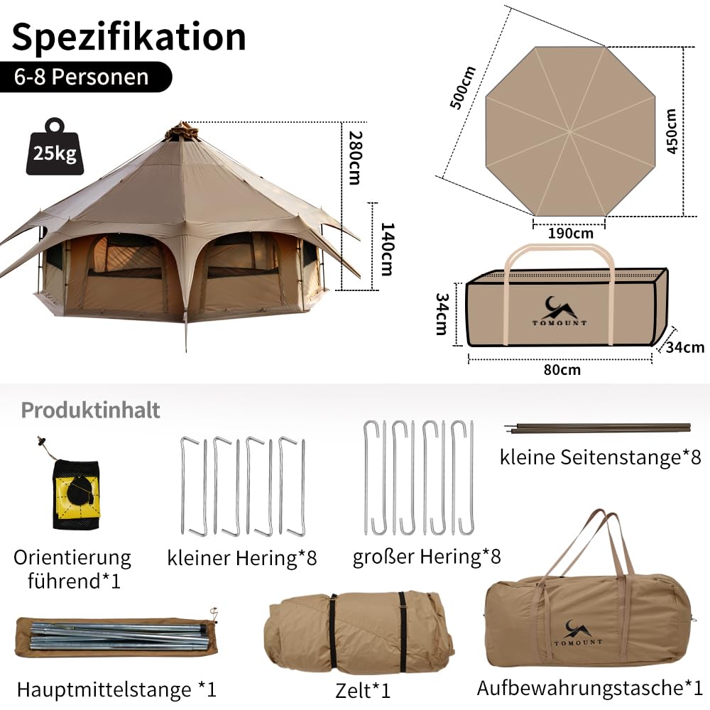 TOMOUNT Tipi Tente en coton pour 6-8 personnes - Tente familiale en toile pyramides - Grande tente glamping pour camping, randonnée, festival, fête, mariage, fête musicale