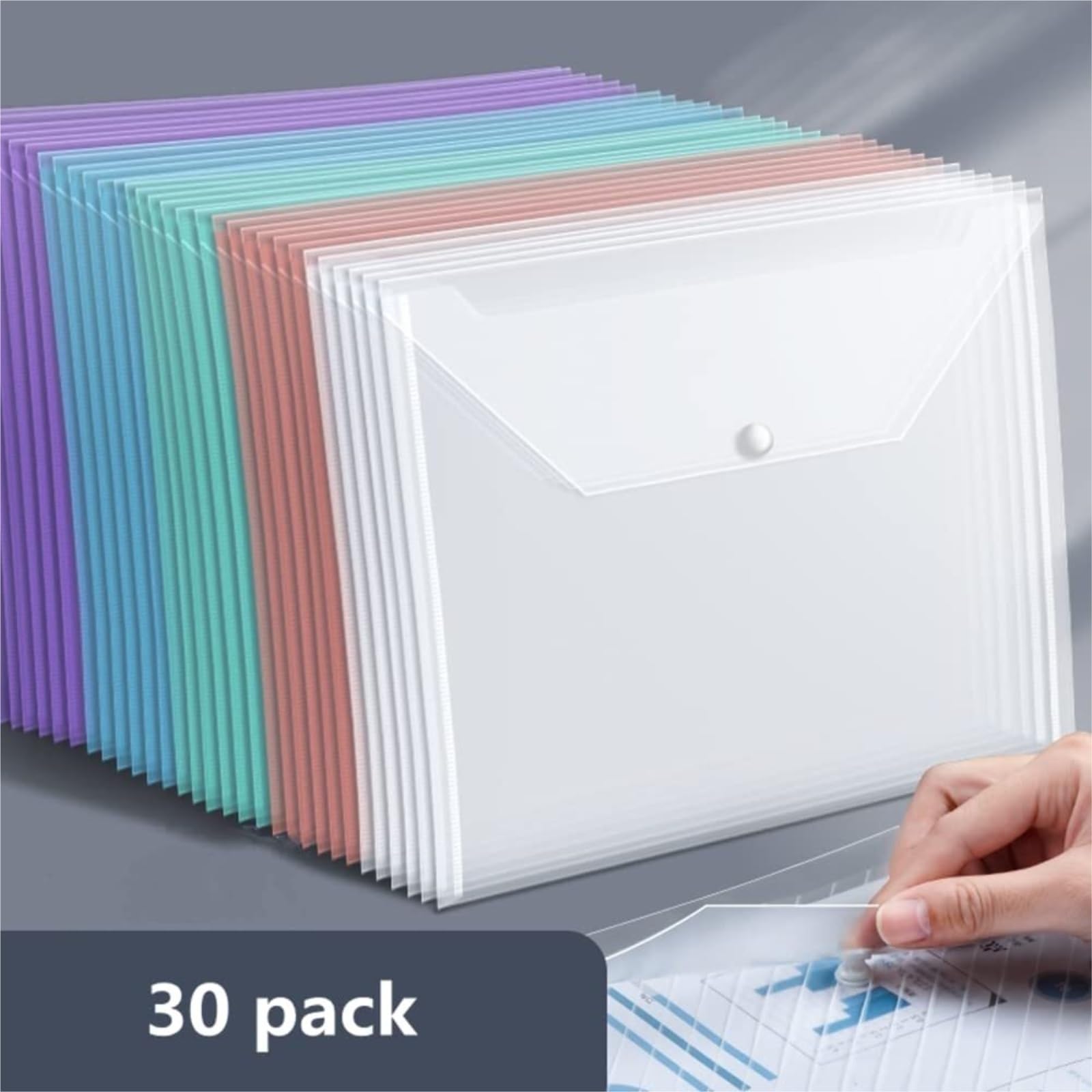 cartelle in plastica Confezione da 20 buste trasparenti in plastica A4 con chiusura a bottone automatico, cartelle impermeabili, organizer formato lettera for scuola, ufficio, casa cartelle