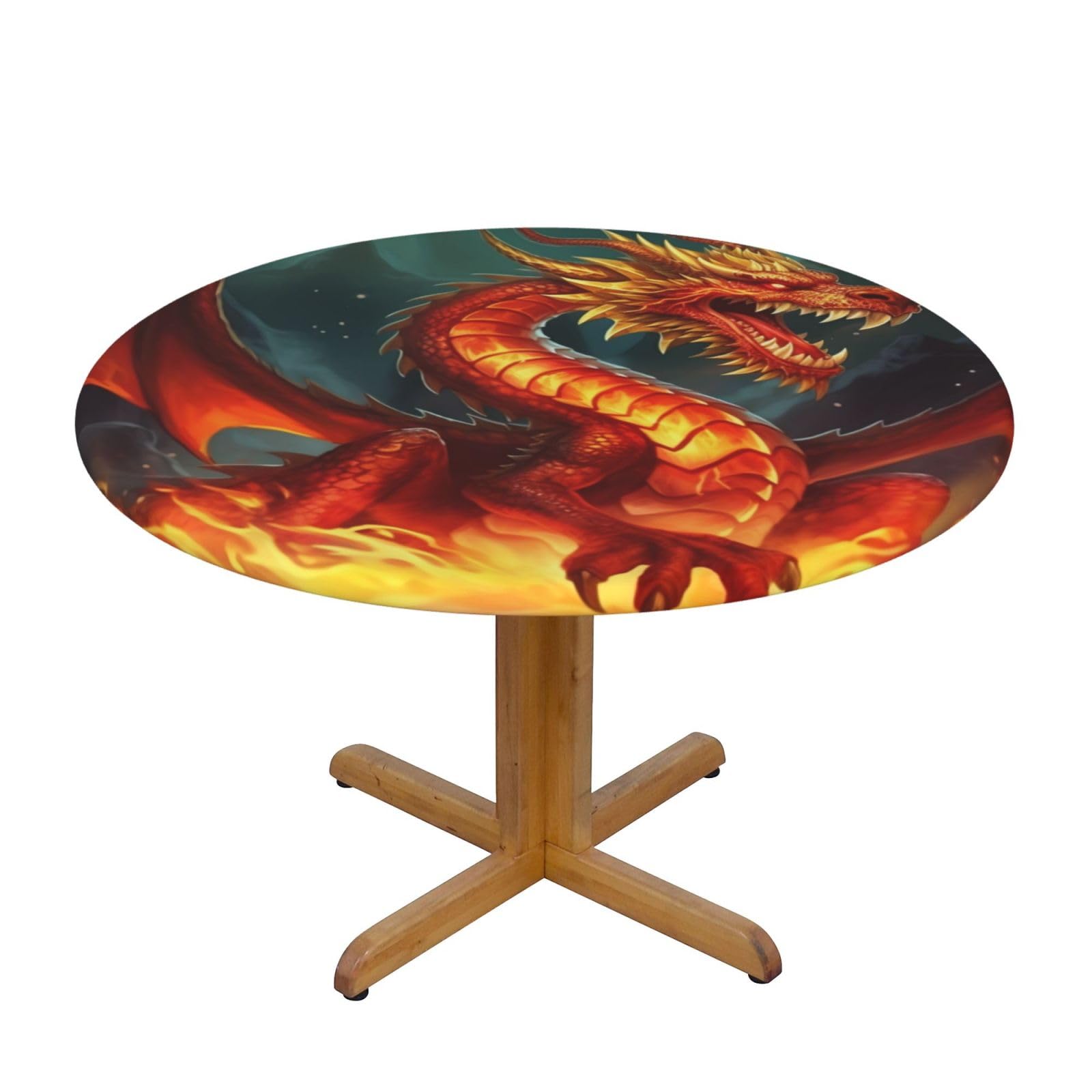 Nappe ronde élastique 120 cm pour repas de jardin à motif dragon feu