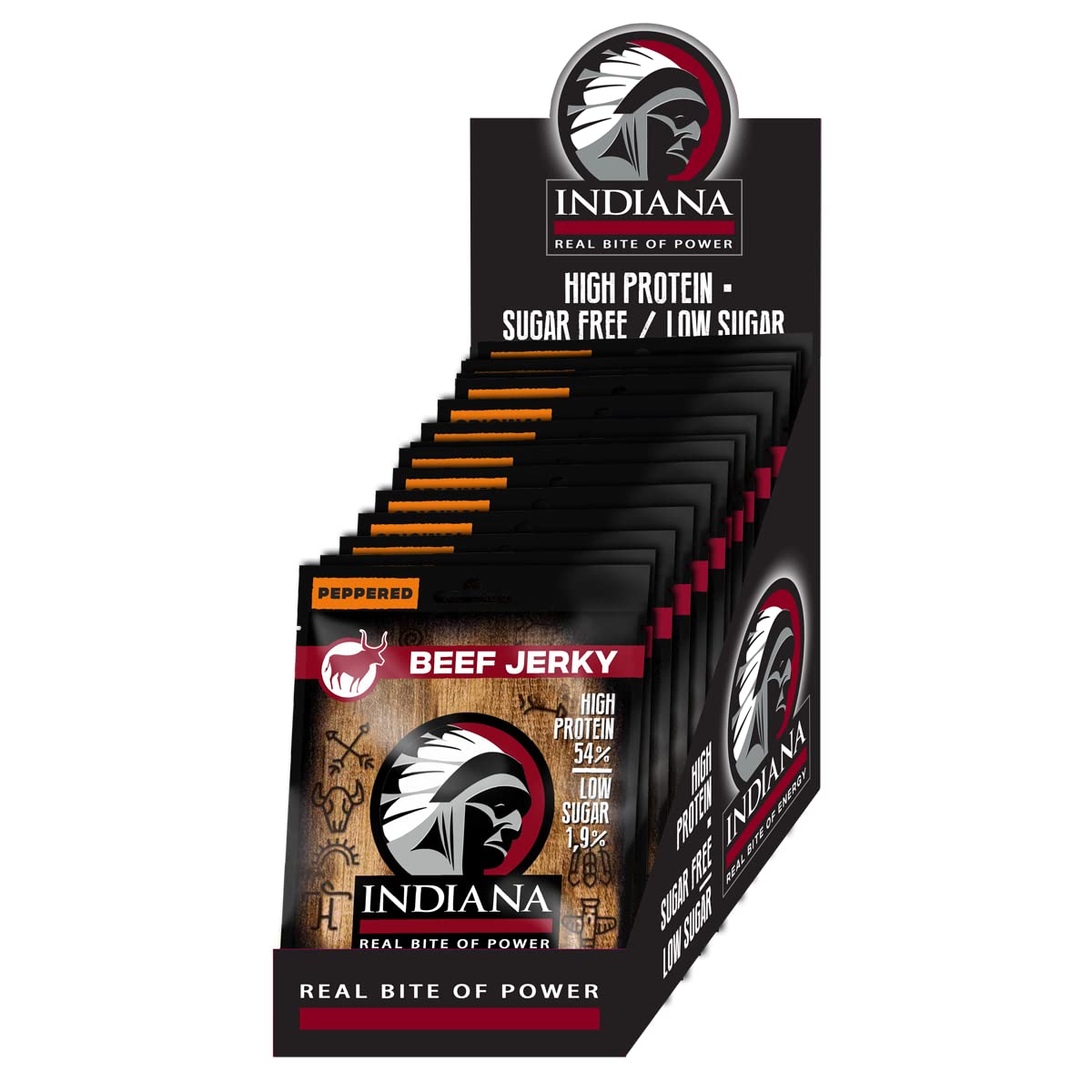 Indiana Jerky Beef Peppered, carne secca ad alto contenuto proteico, senza zuccheri aggiunti, senza glutine (15 pcs x 25g)