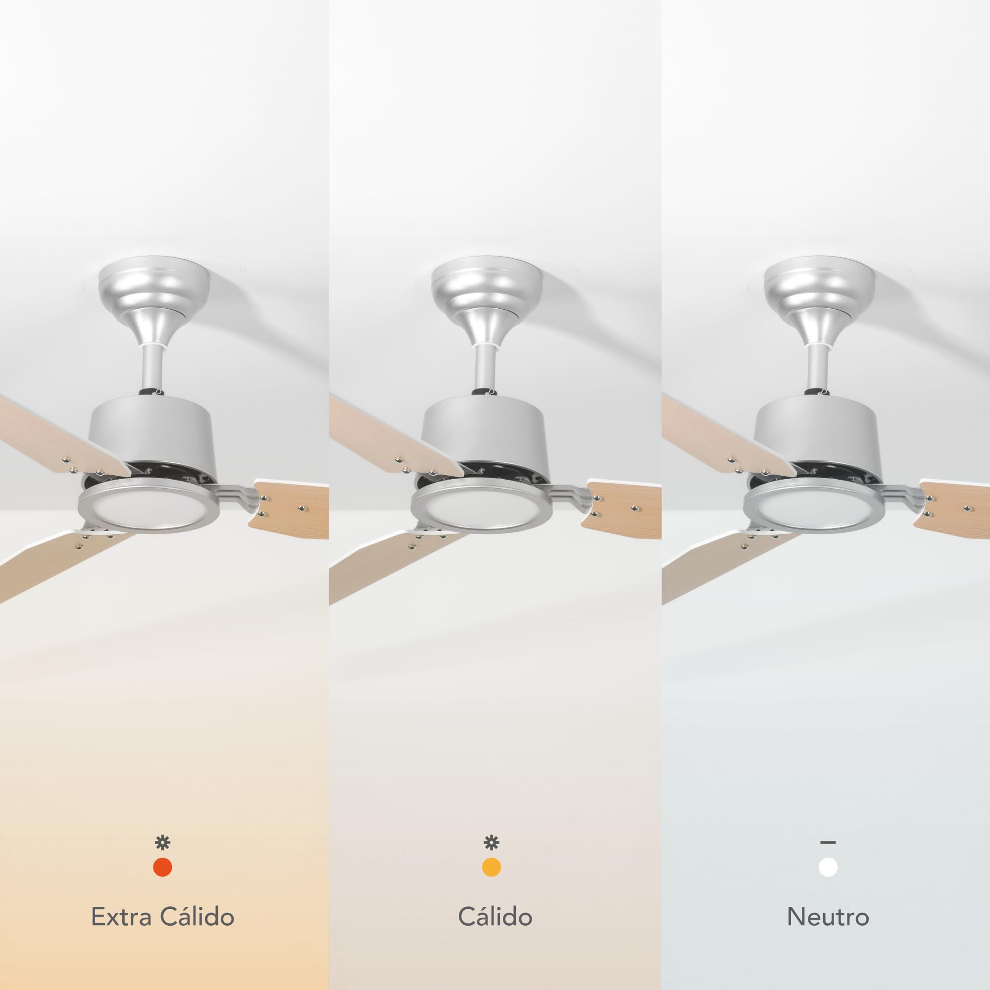 Faura Ventilador Techo Plata/Madera Clara. 3 Aspas Ø132cm. Luz Led 18W Neutra/Cálida/Extra Cálida. Motor DC. Verano/Invierno. 6 Velocidades. Control Remoto Temporizador. Silencioso. Brisa