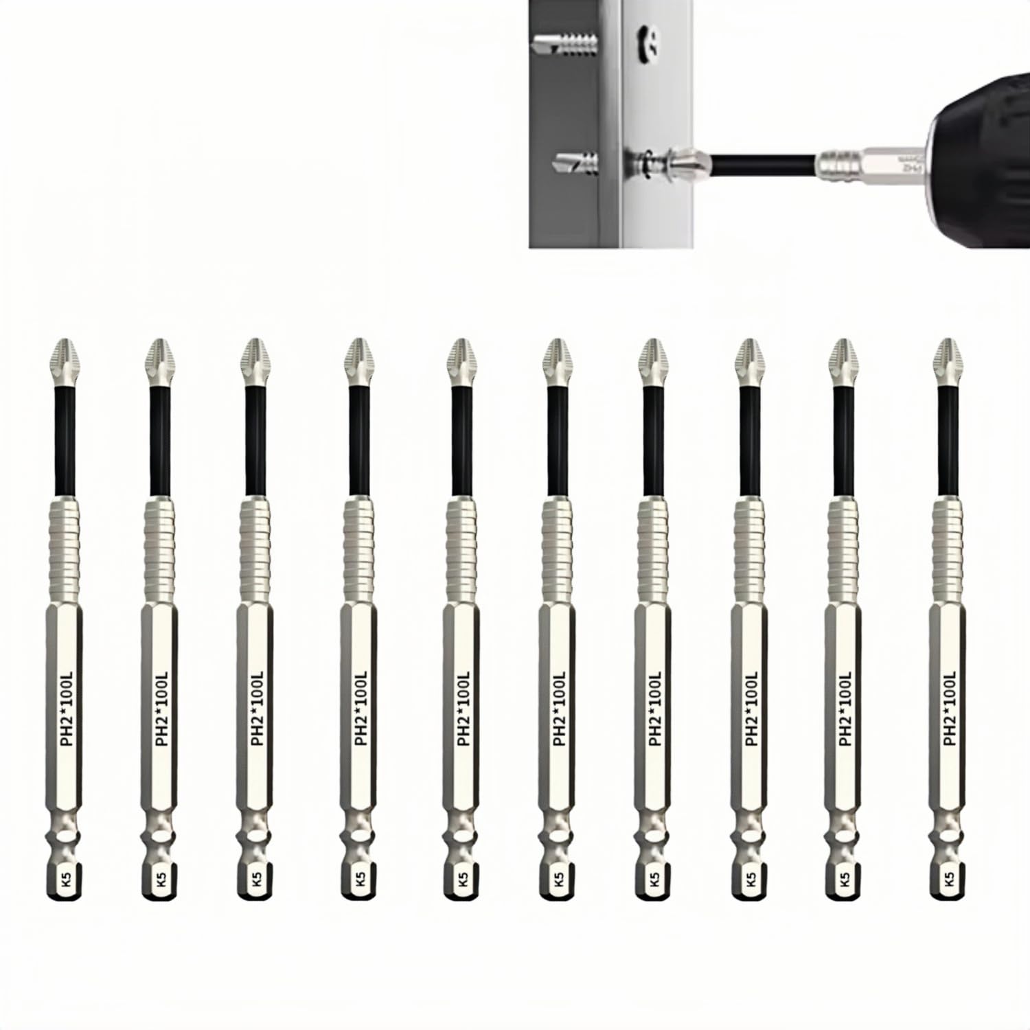 MiJunHD Impact Phillips Screwdriver Drill Bit Set K5 High Magnetic Anti Slip PH2 Screwdriver Bits 1/4 inch 6.35mm Hex Shank Cross Screwdrivers 10Pcs 100mm