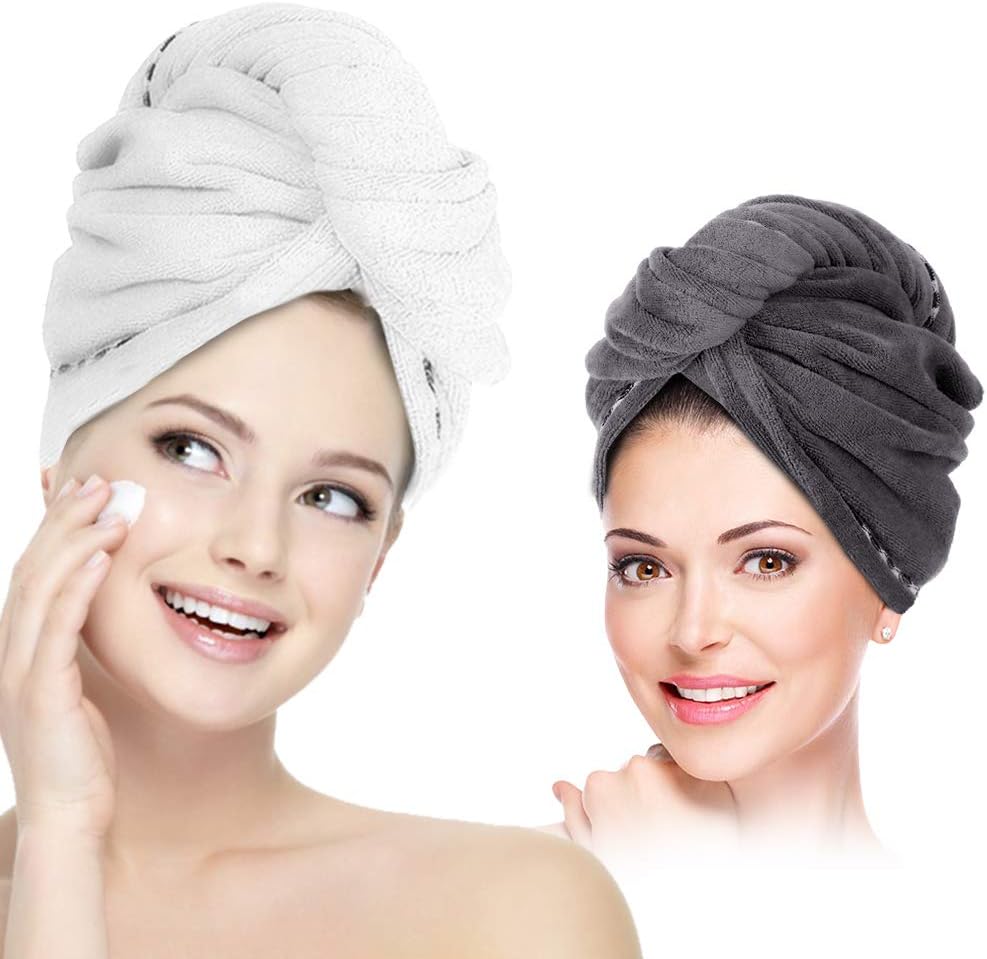 Hair Towel Wrap Turban Microfiber Hair Drying Towels, 2 Pack Twist Head Towel with Button, Quick Dry Super Absorbent Anti-Frizz for Women Girls Long & Curly Hair