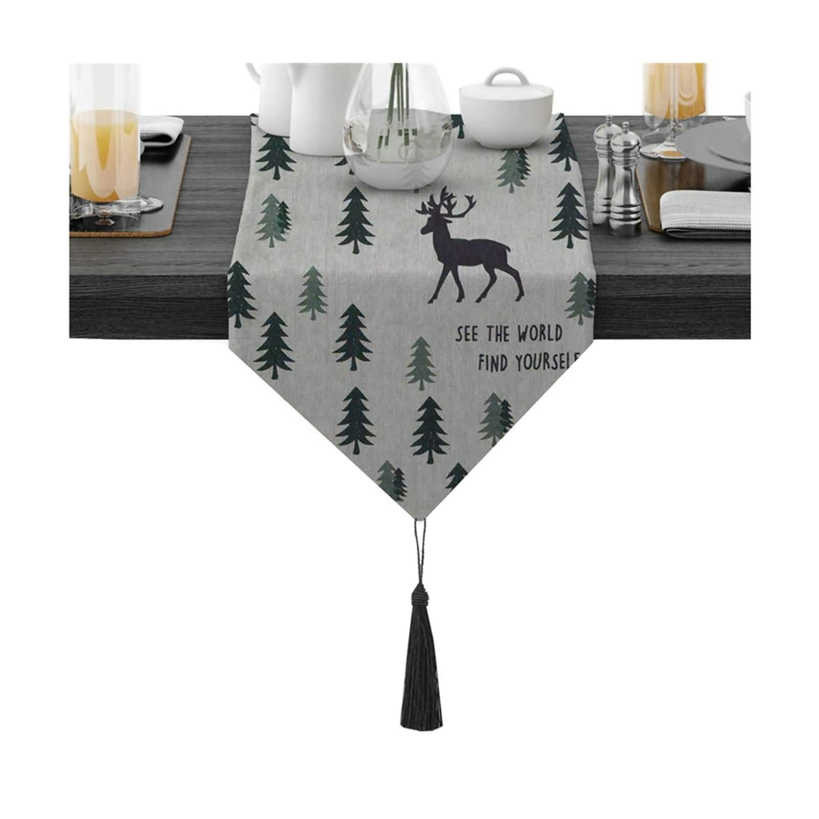 Aeici Camino de mesa de comedor al aire libre de algodón, con alce en el bosque, camino de mesa de 30 x 150 cm, camino de mesa para mesa redonda, color negro y verde