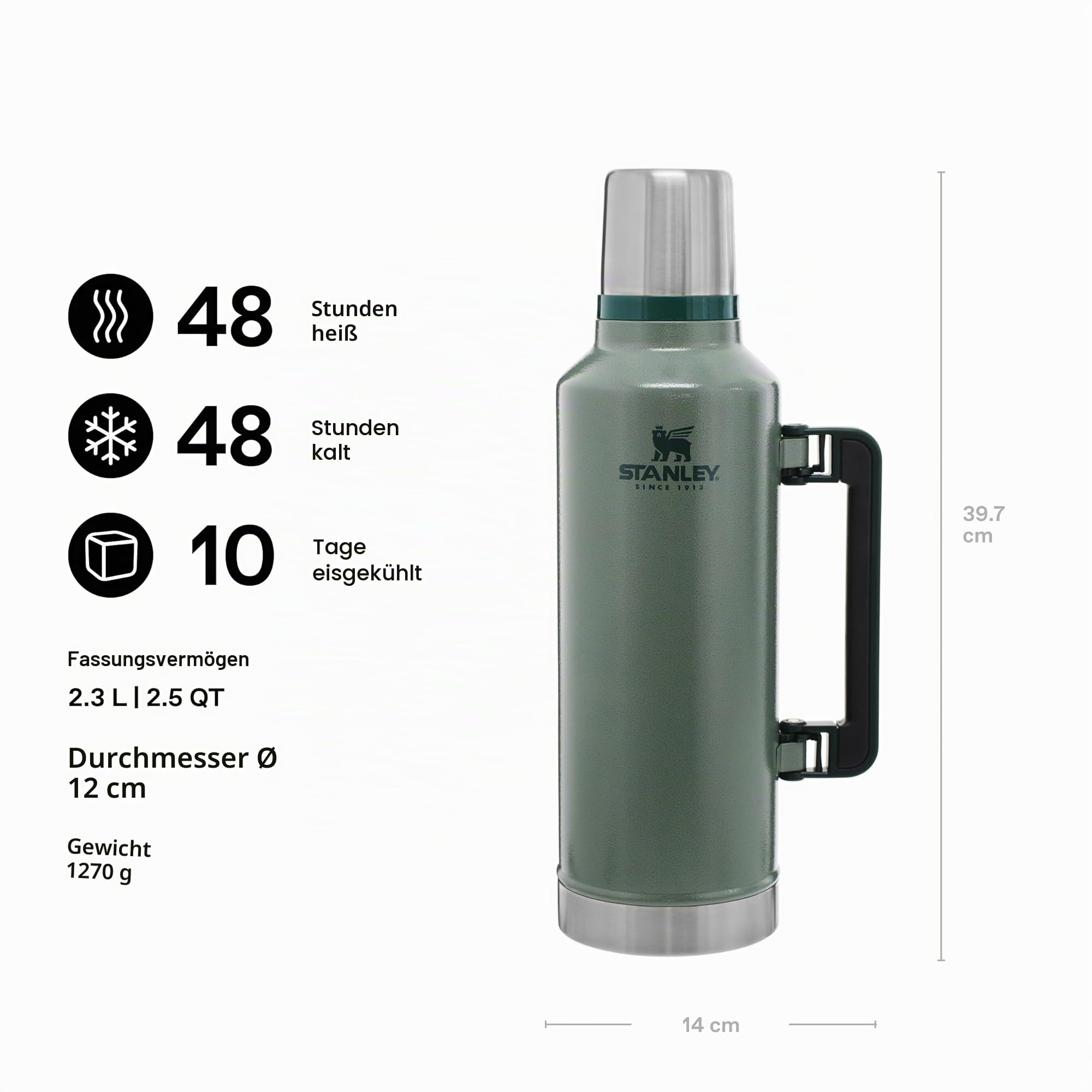 Stanley 1913 Classic Legendary Thermosflasche 2.3L - Thermos Hält 48 Stunden Heiß Oder Kalt - Edelstahl Thermoskanne - BPA-Frei - Spülmaschinenfest - Hammertone Green | Hält 48 Std. heiß oder kalt - Auslaufsicher - BPA-frei - Deckel dient als Becher