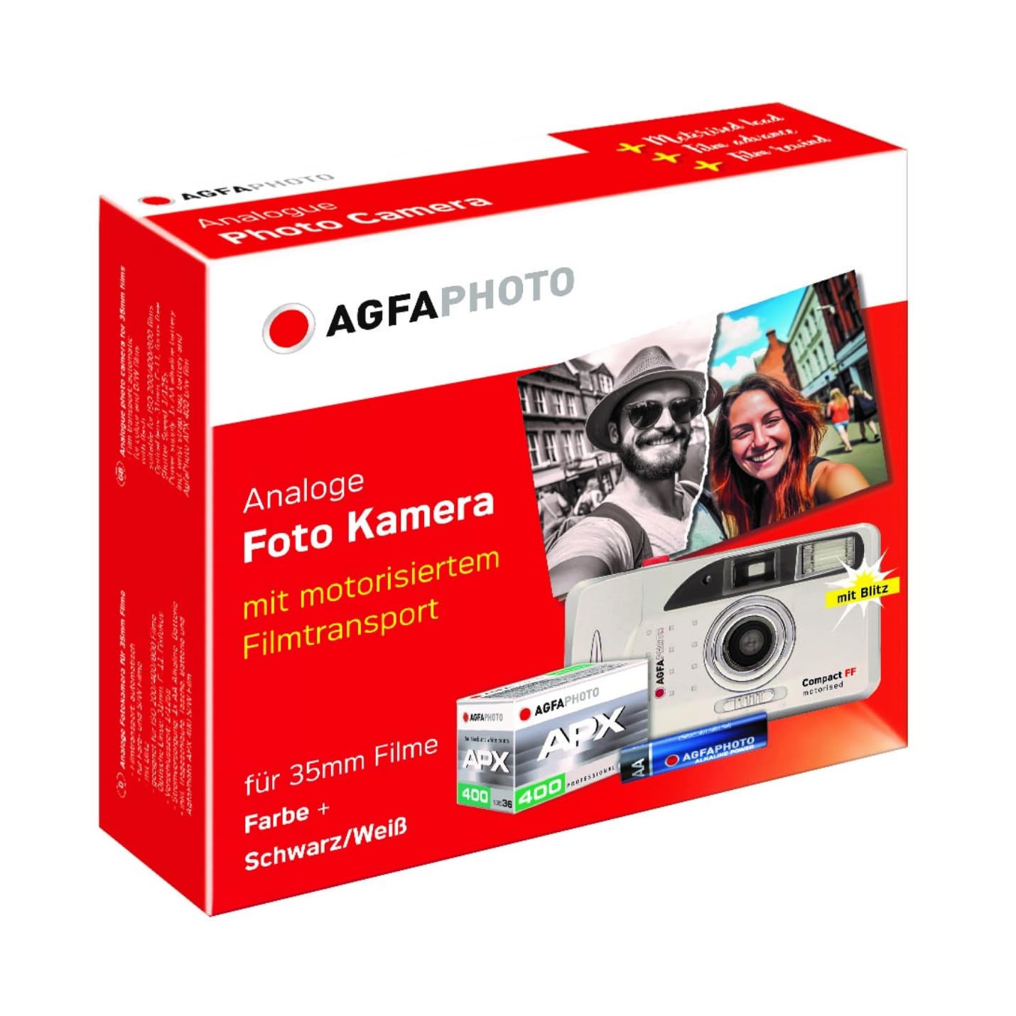 AgfaPhoto Set Analog 603020 – Appareil Photo Argentique Réutilisable Motorisé – Pellicule et Pile Incluses
