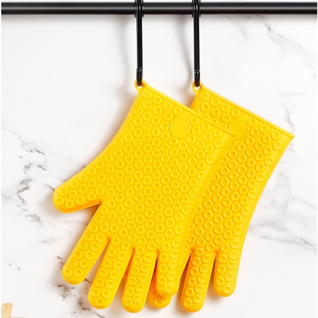 Manoplas Horno, Guantes Gruesos De Silicona Cinco Dedos para Altas Temperaturas Y Anti-escaldaduras Aislamiento Cocina para Horno para Hornear Amarillo, 2 Piezas Cocinar Barbacoa