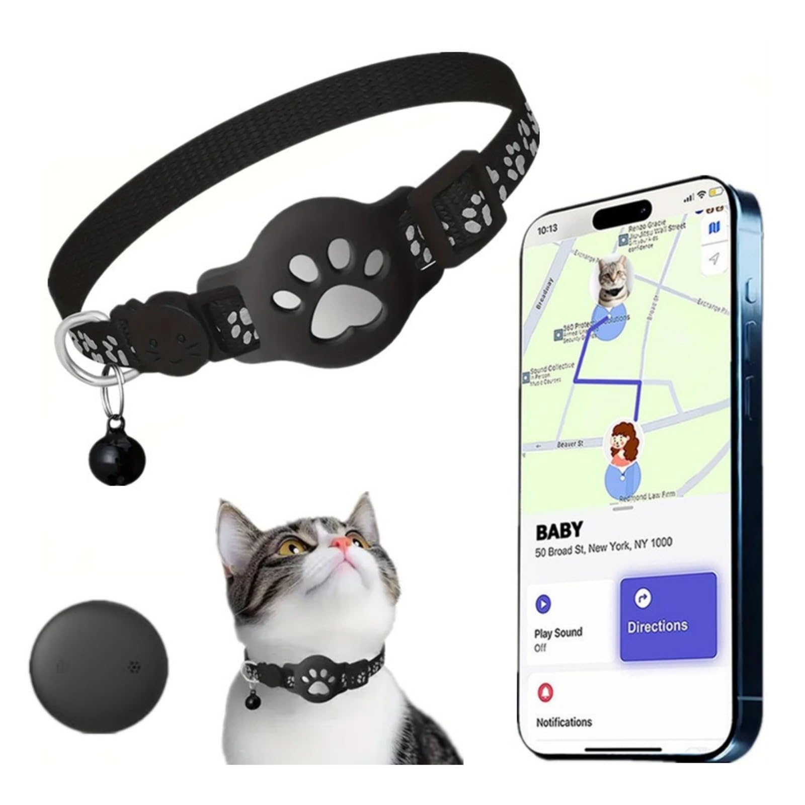 Collare GPS per gatti, GPS per gatti senza canone mensile, nessuna SIM richiesta (compatibile con Android e iOS), collare localizzatore compatibile con goo- gle Find My