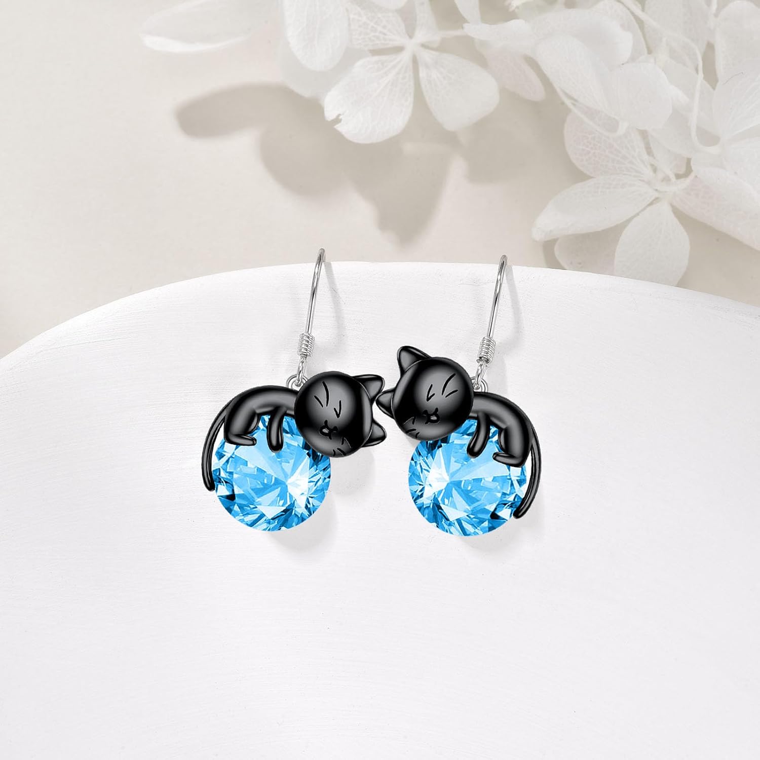 Black Cat Earrings 925 Sterling Silver Cats Dangle Drop Earrings Birthstone/Moonstone Kitten Jewelry Gift for Women