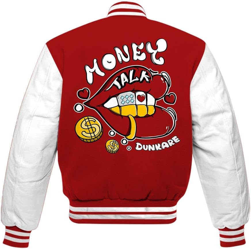 Dunkare Red Taxi 12s Baseball Jacket, Custom Lips Money Talk Varsity Jacket Outfit