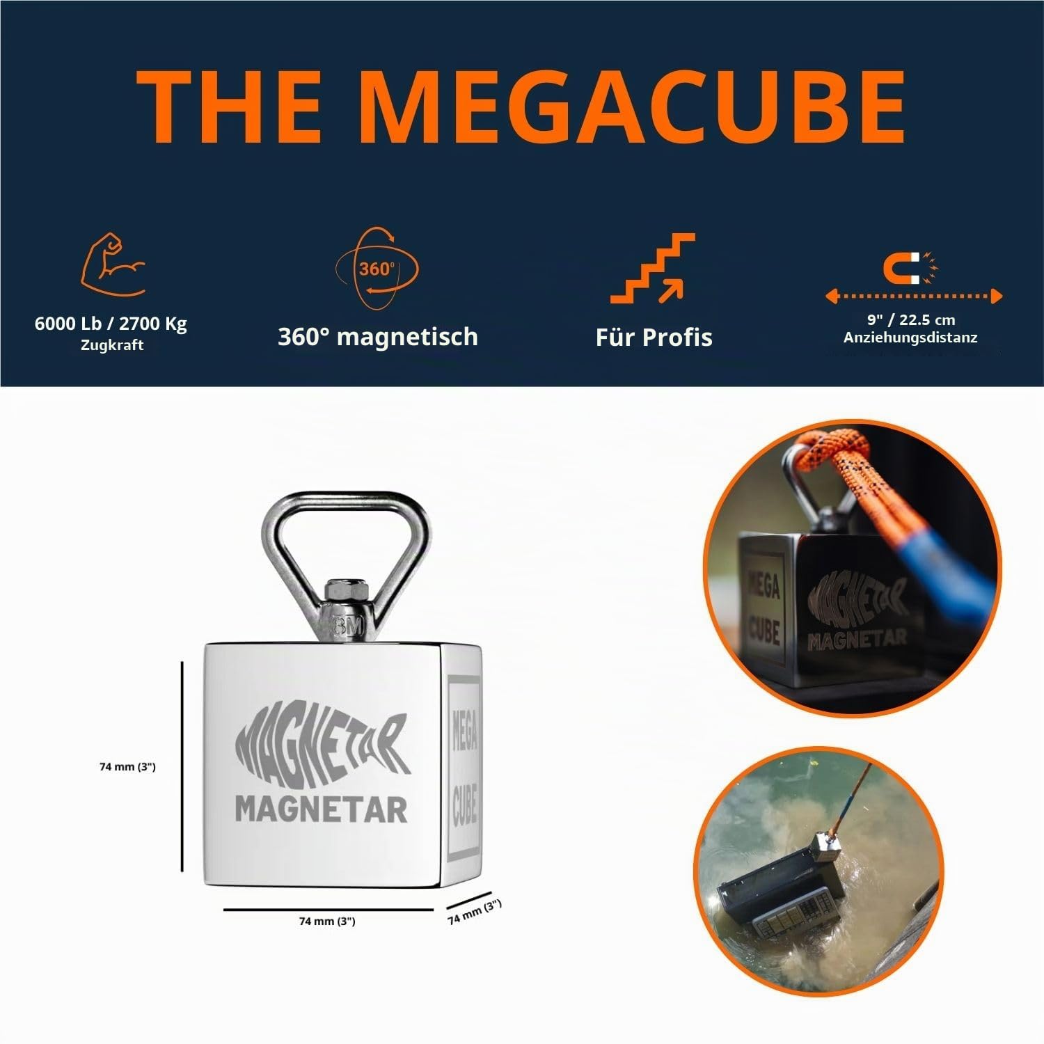 Magnetar - Magnetfischen Set - Block 2700kg MEGACUBE Bergemagnet - Magnetangel Paket mit Seil und Handschuhe - 360 Angelmagnet zum Magnet Fischen