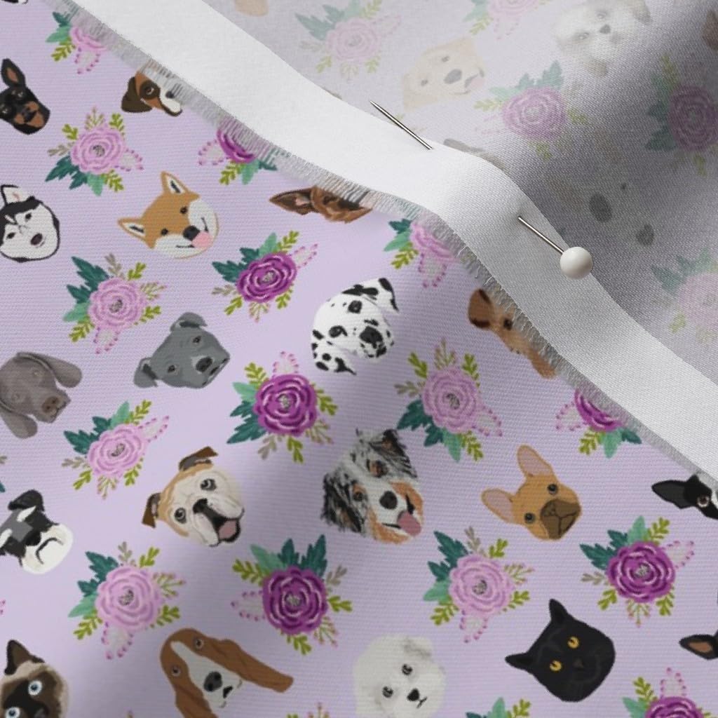 Spoonflower Fabric - Tiny Dogs Cats Heads Florals Pet Lover Pattern Purple Dog Flower Printed on Organic Cotton Sateen Fabric by The Yard - Sewing Quilting Apparel Home Decor