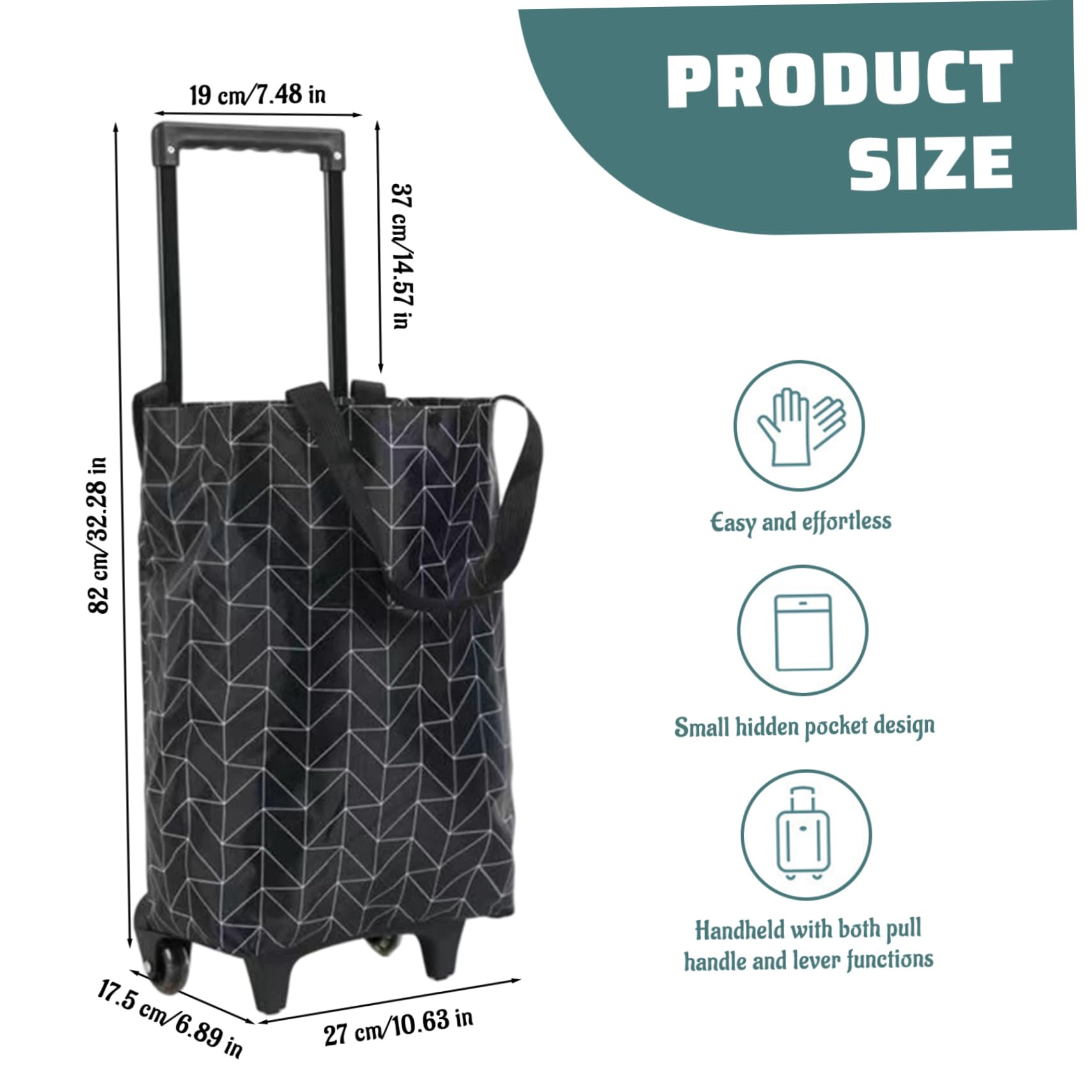 Einkaufstasche auf Rädern, wasserdicht Faltbarer Einkaufswagen, tragbare Wiederverwendbare Trolley -Taschen mit Teleskopgriff, schwarzes Diamantmuster, Zuhause