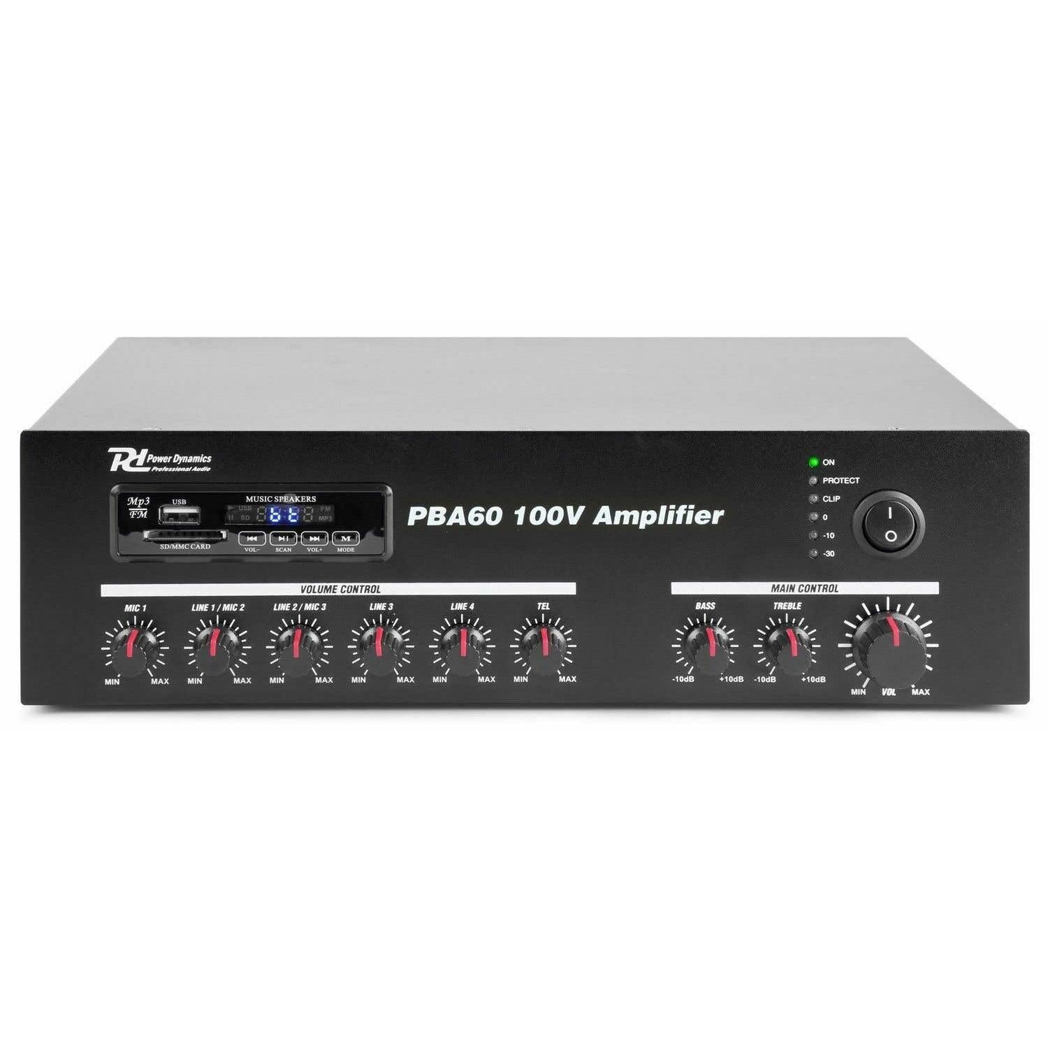 Power Dynamics PBA60 - Amplificateur Bluetooth, 60 Watts, 100 Volts, Télécommande, Radio, USB et SD, Lecteur MP3, Idéal pour la Musique et Les Discours