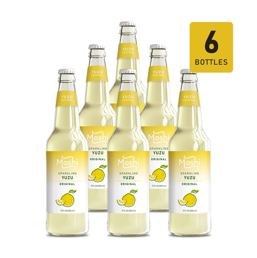 Moshi Yuzu Sparkling Drink, Aromatic and Zesty, Made with 100% Yuzu juice, All-Natural, Vegan, Gluten-free, No Artificial Preservatives/Coloring - 12 oz (6 Glass Bottles) - Original