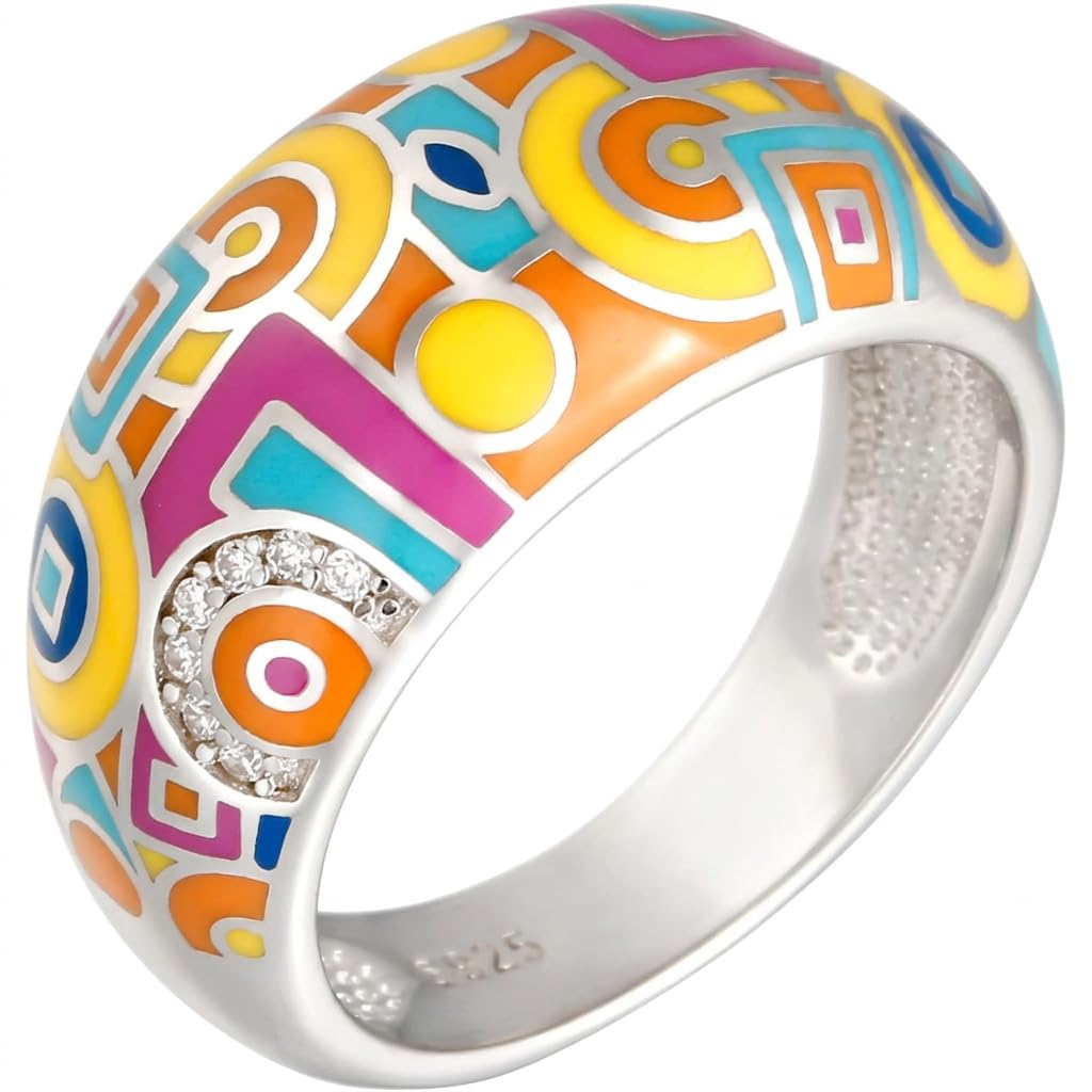 Jeulia Damen Sterling Silber Ring Mehrfarbig Emaille Blumen Geometrisch Diamant Band Ring für Frauen Mädchen Breiter Ring Party Schmuck Personalisierte Anniversary Geschenk