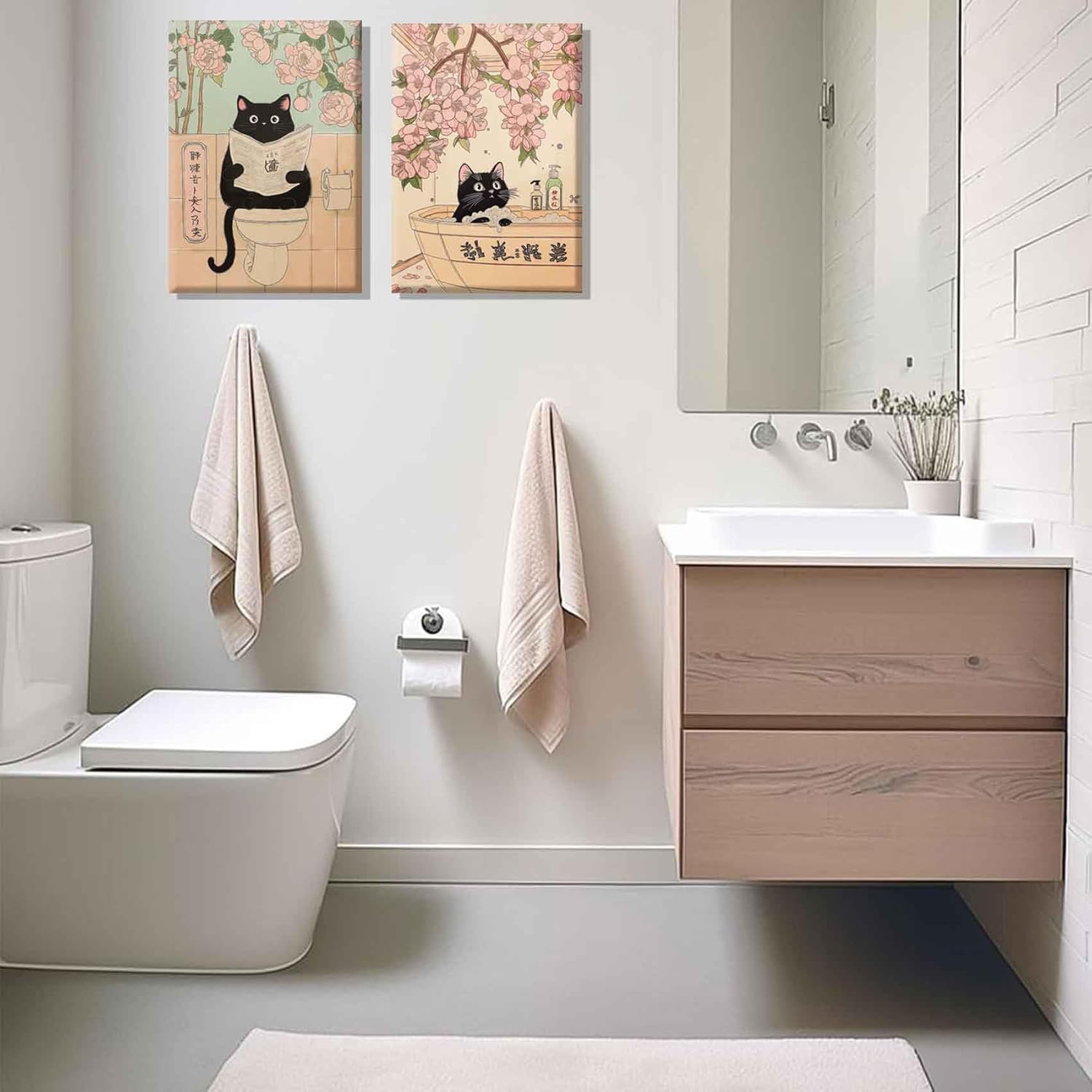2Pcs Japanese Bathroom Canvas Wall Art Funny Black Cat Painting Pictures Wall Decor Animal Bathtub Poster Prints for Bathroom Toilet Home Decoration 12x16in