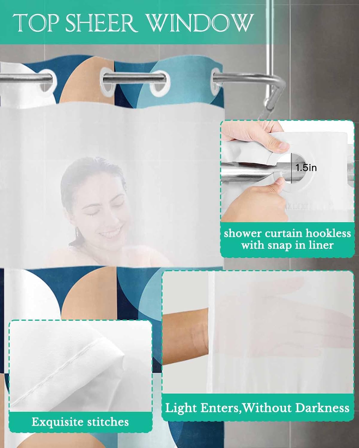 ALAGEO Shower Curtain with Snap-in Fabric Liner Set Mid Century Geometric No Hook Shower Curtain with Mesh Top Window Abstract Modern Blue Shower Curtains Waterproof 66x72