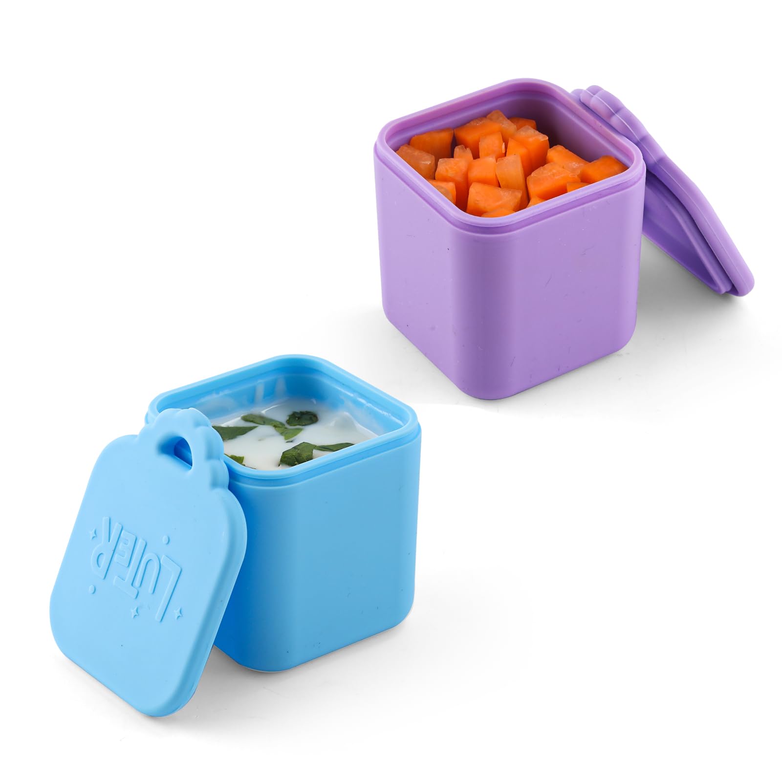 2pcs Dip Containers Compatible with OmieBox, 4oz Silicone Salad Dressing Container To Go for Most Bento Lunch Box Condiment Dipping Sauce Cups with Lids for Kids School Picnic Travel (Blue, Purple)