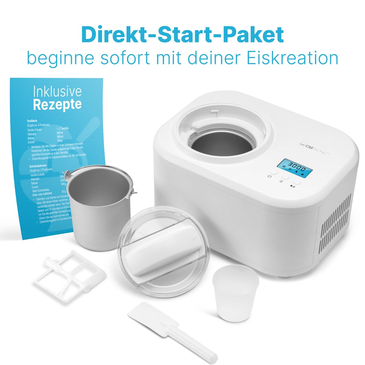 Clatronic® Eismaschine und Joghurtbereiter | Eis in 20 min. | für bis zu 1000ml | Eismaschine mit Kompressor | für Eis & Frozen Joghurt | Inkl. Rezeptvorschläge, Spachtel und Messbecher | ICM 3799