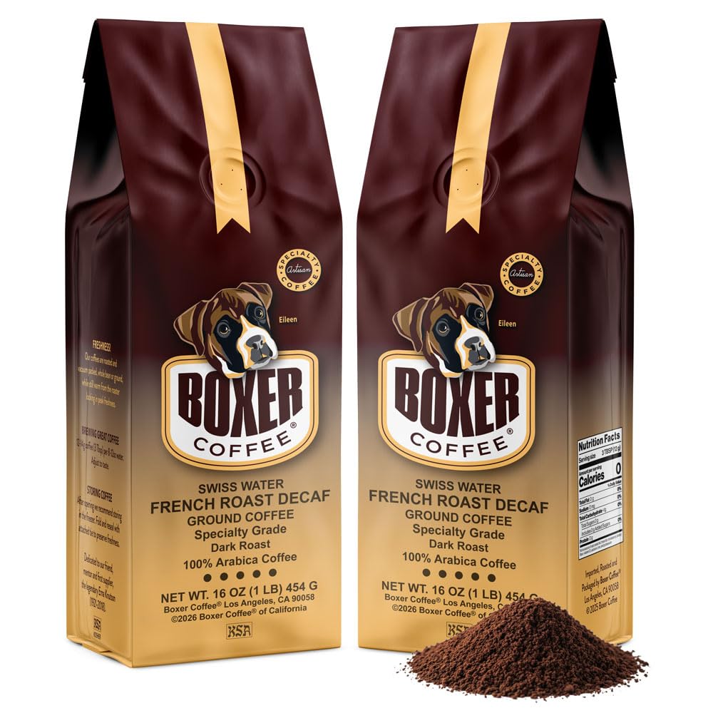 Boxer Coffee Swiss Water Decaf Dark Roast, French Roast Ground Coffee Single Origin Arabica – 2 Pack (1 lb Each)