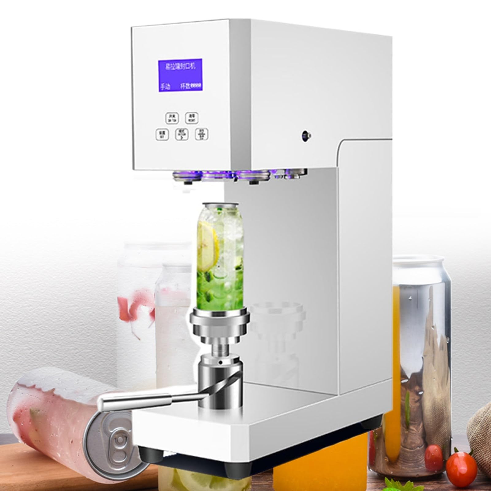 Scelleuse de Canettes Automatique Commerciale Machine à Sertir les Canettes de Soda, Hauteur Réglable de 6,1 à 17cm, Scelleuse Électrique pour Canettes En Aluminium.,White
