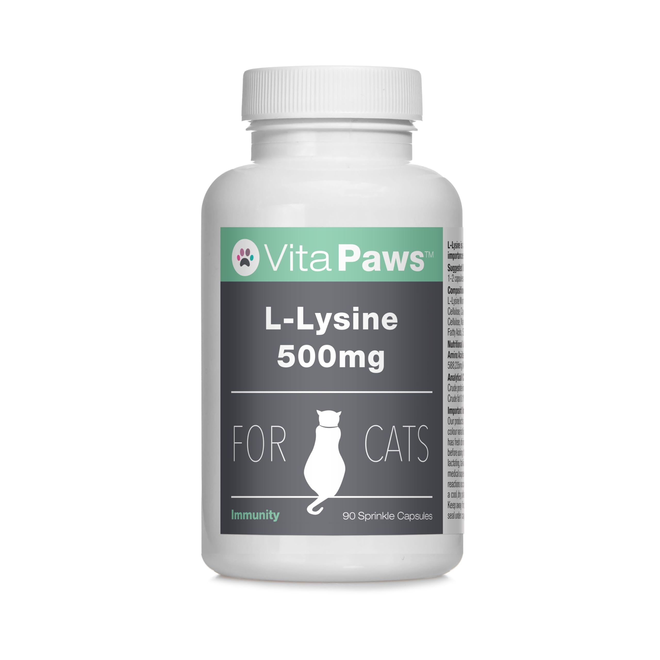 VitaPaws L-Lysine 500mg For Cats ™ | 90 Sprinkle Capsules | Popularly Chosen For Feline Immunity | Manufactured in the UK