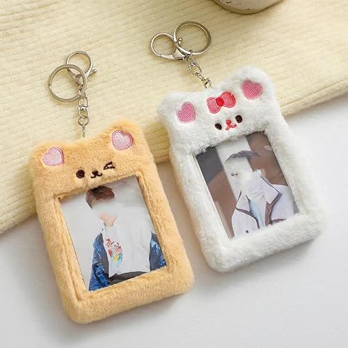 Miniatura 6 de Kawaii Bear Tiger Bunny - Soporte para tarjeta de fotos de felpa Kpop ID de crédito, tarjeta de autobús, funda protectora con colgante de foto (rosa)