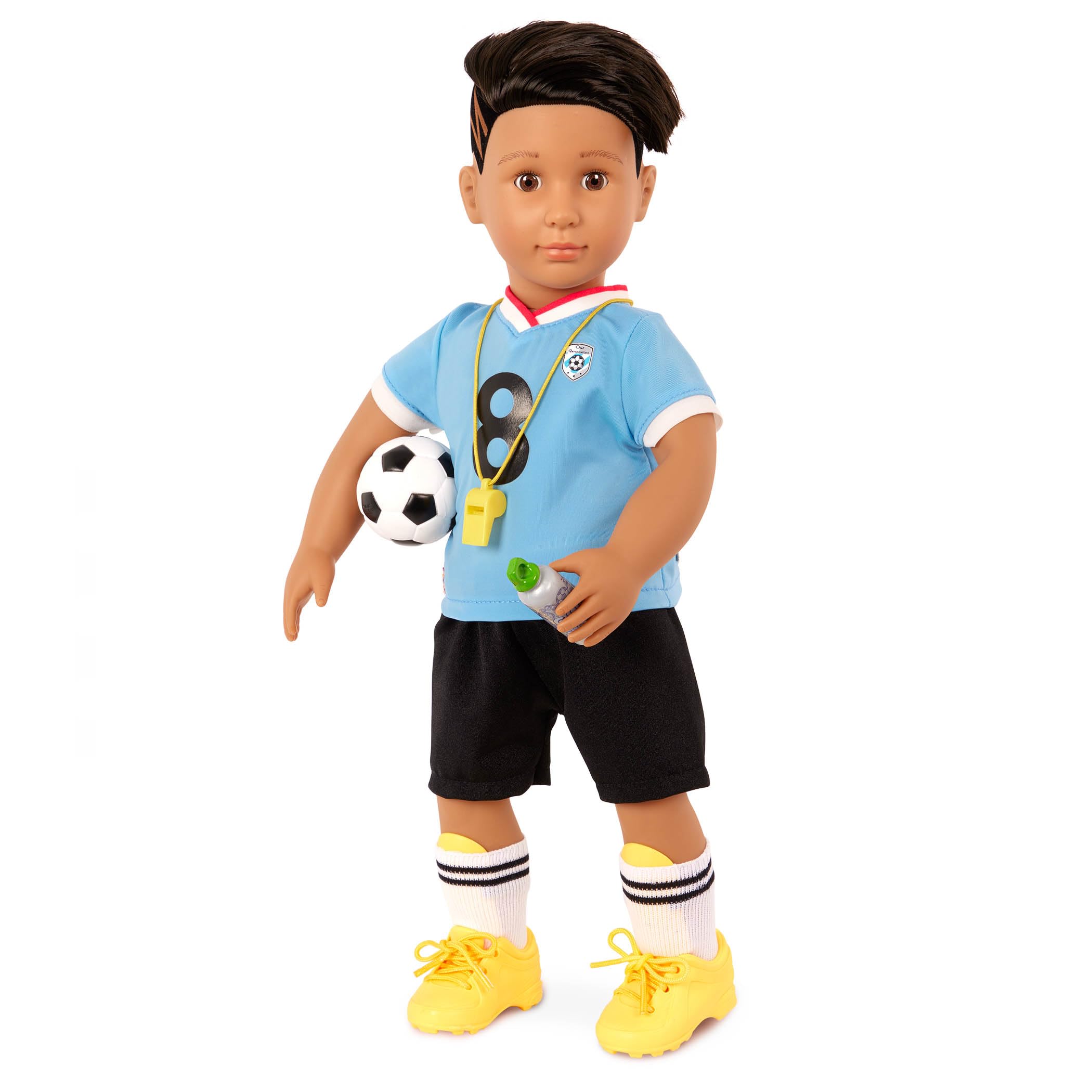 Our Generation - Mateo - Posable 18-Inch Boy Doll - Lifelike Brown Eyes & Zigzag Haircut Line Design - Soccer Uniform & Accessories - Pretend Play - Toy for Kids 3 Years +