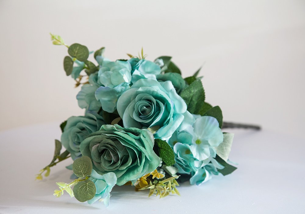 Decor Trader Teal Artificial Silk Rose Flower Bouquet (No.1) - 8 Colours Wedding Centrepiece Decor (Teal)