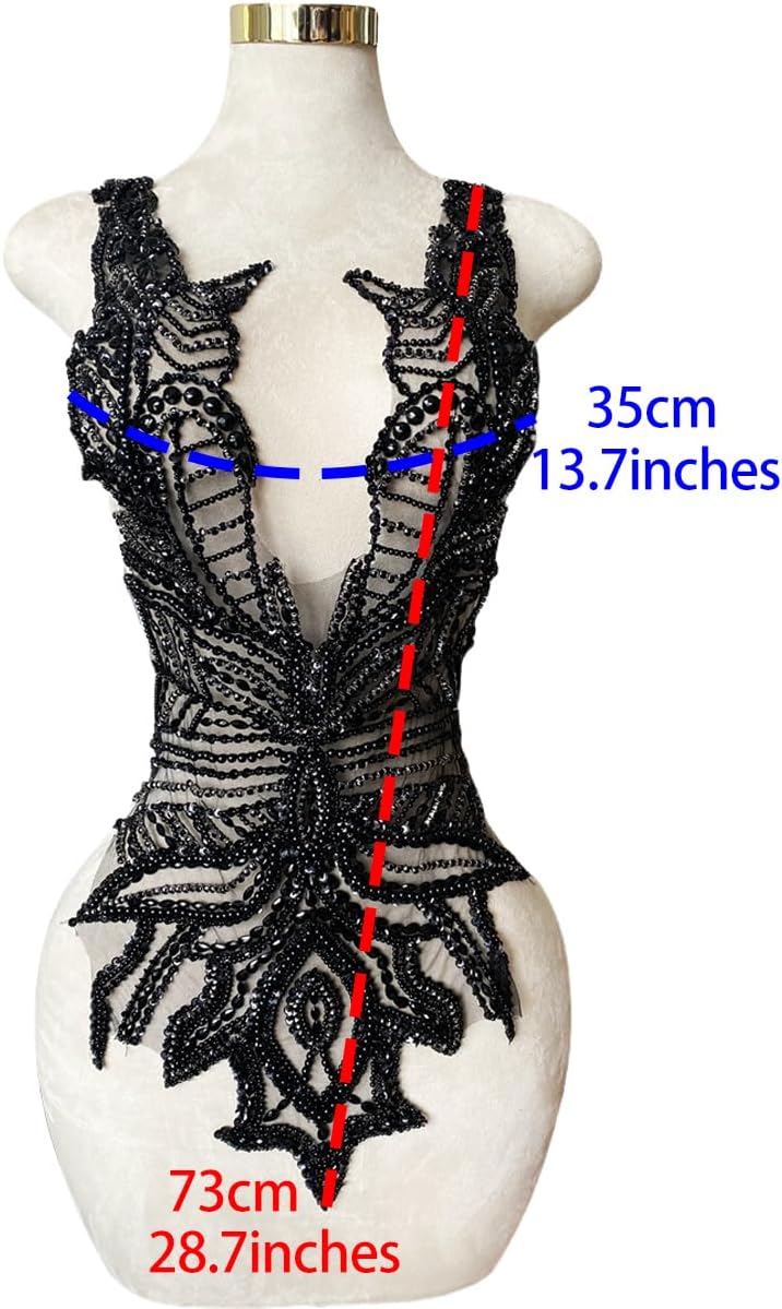 Handmade Black Shining Acrylic Rhinestones on lace Applique Sewing Beads Stones Trim Patches Accessories for Wedding Dress Multiple Design Styles (C10)