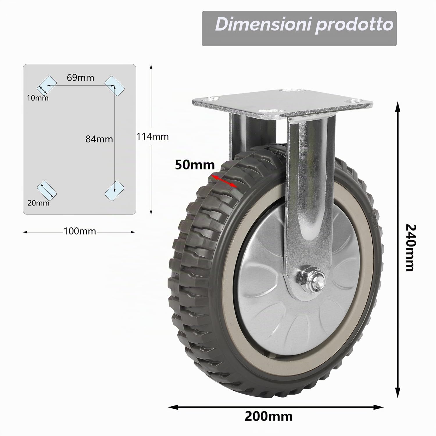 Nisorpa Ruote Industriali 200 mm - Set 4 Pezzi: 2 Fisse + 2 Girevoli Con Freno - Carrello Resistente Per Mobili, Capacità 1400 kg