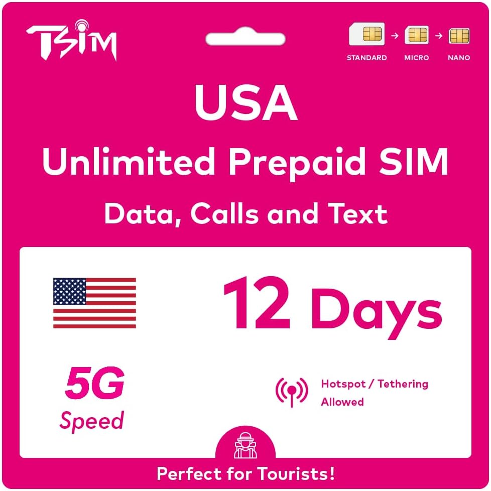 USA SIM Card for Travel to the USA. PrePaid. T-Mobile network with Unlimited Data, Calls and Texts. Upgraded 5G SIM Card! (12 Day)