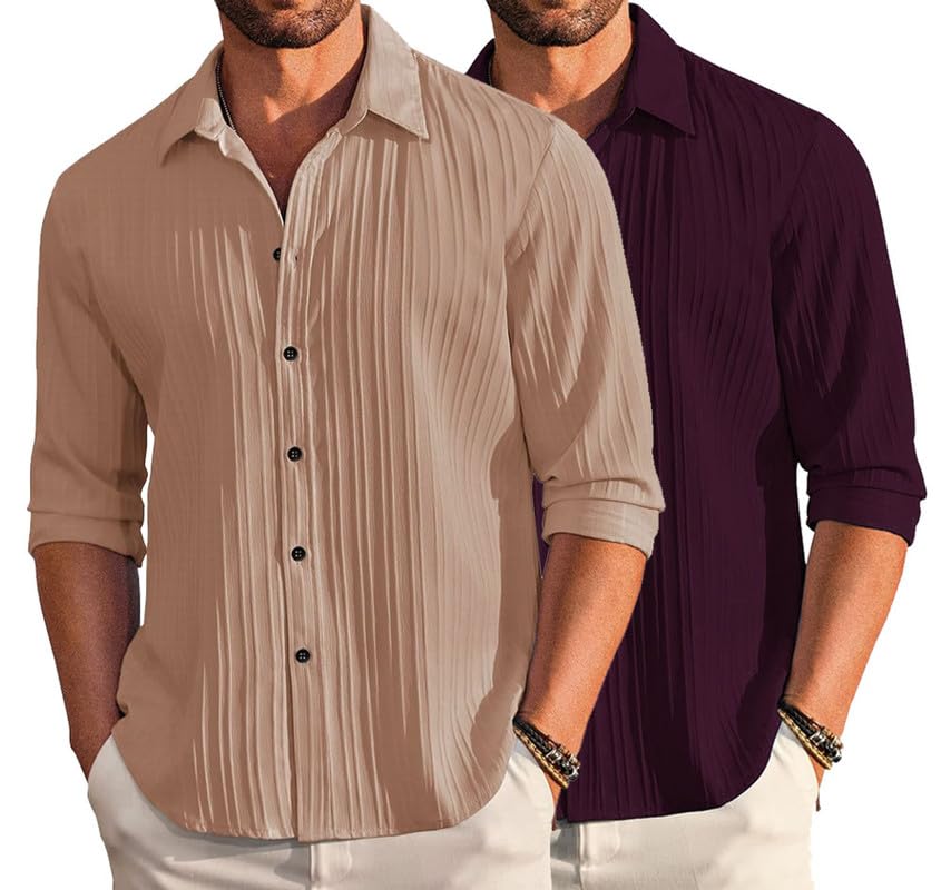 Image of DEELMO Combo of Men's Casual Button Down Shirts Long Sleeve Linen Shirt Fashion Textured Summer Shirts Pack of 2
