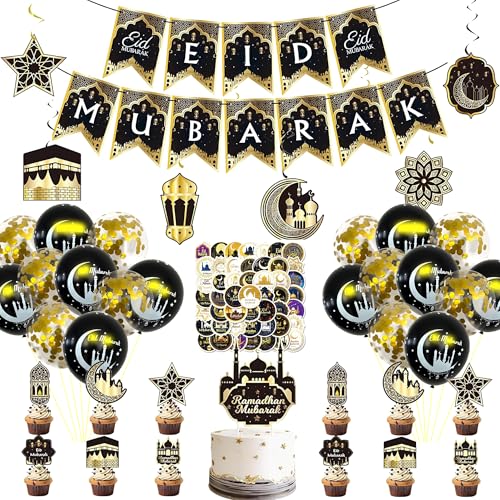 101 Pcs-Eid Mubarak Decorations Set - Black and Gold Ramadan Party Supplies including Banner Hanging Swirls for Muslim Islamic Eid Al-Fitr Home Wall Decor