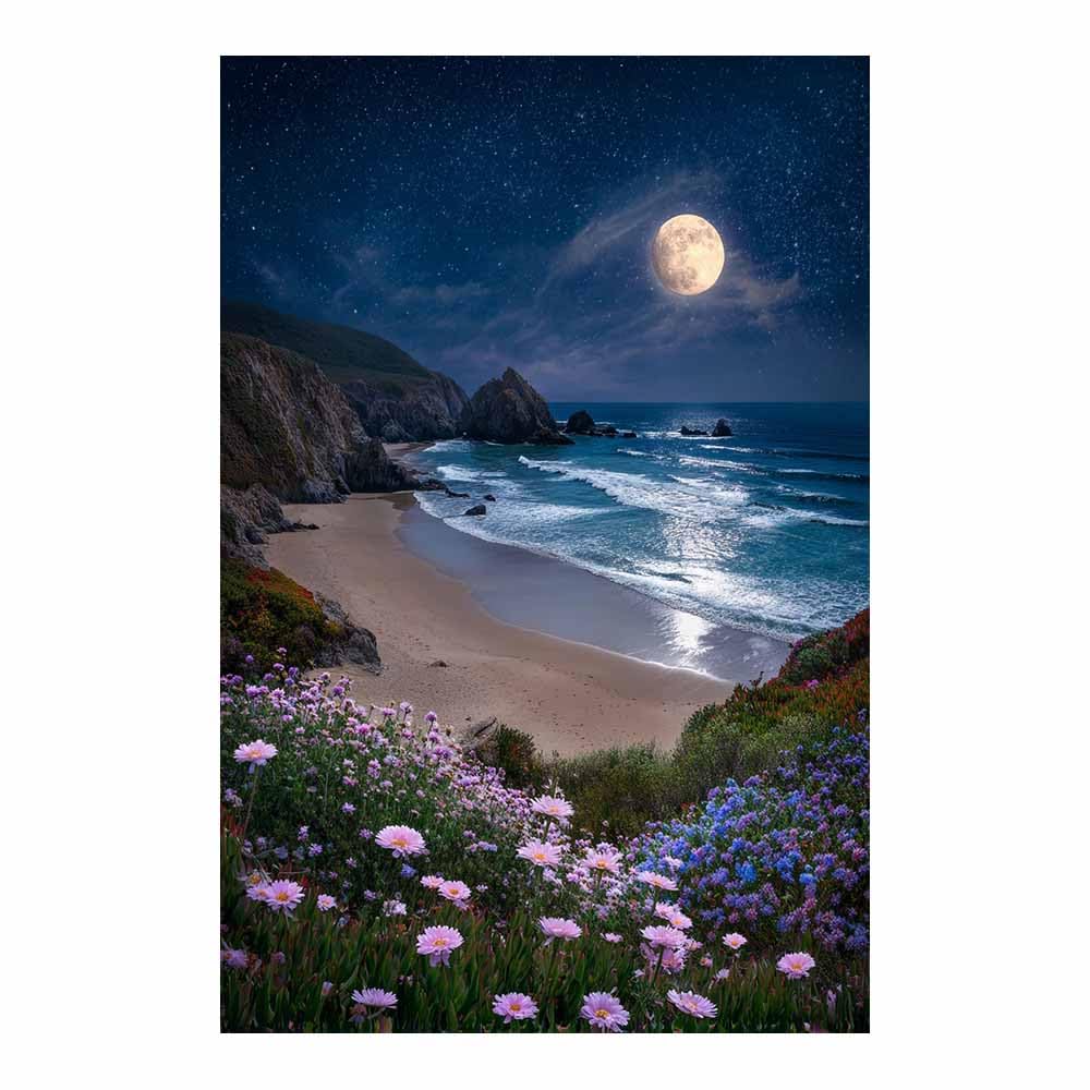HOQIU Canvas Wall Art Moonlit Coastal Flower Beaches canvas art, art print, house decor, bedroom wall decor above bed, prints for living room.(Multicolor)-60x80cm Unframed