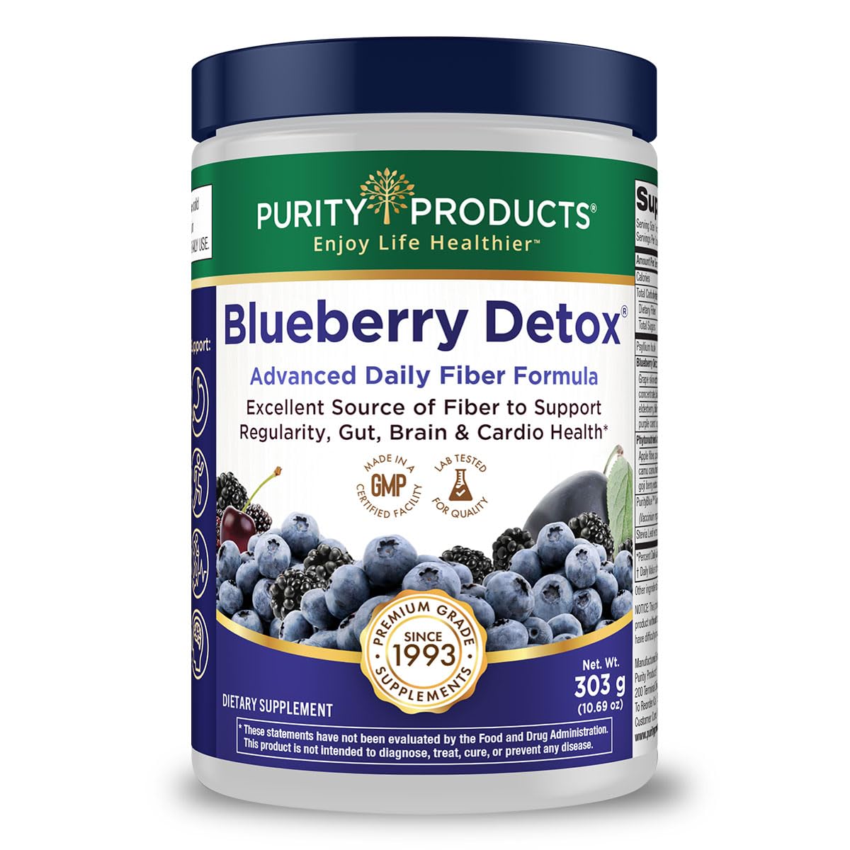 Advanced Blueberry Detox Daily Fiber Formula by Purity Products - Featuring PurityBlue Organic Wild Blueberries - A Full 6 Grams of Detoxifying, Regularity Promoting Prebiotic Fiber - 30 Servings