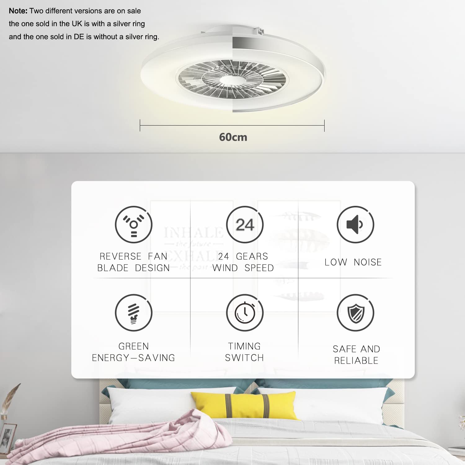 BKZO LED Ceiling Light with Fan, Ceiling Fan Lights 24 Levels Wind