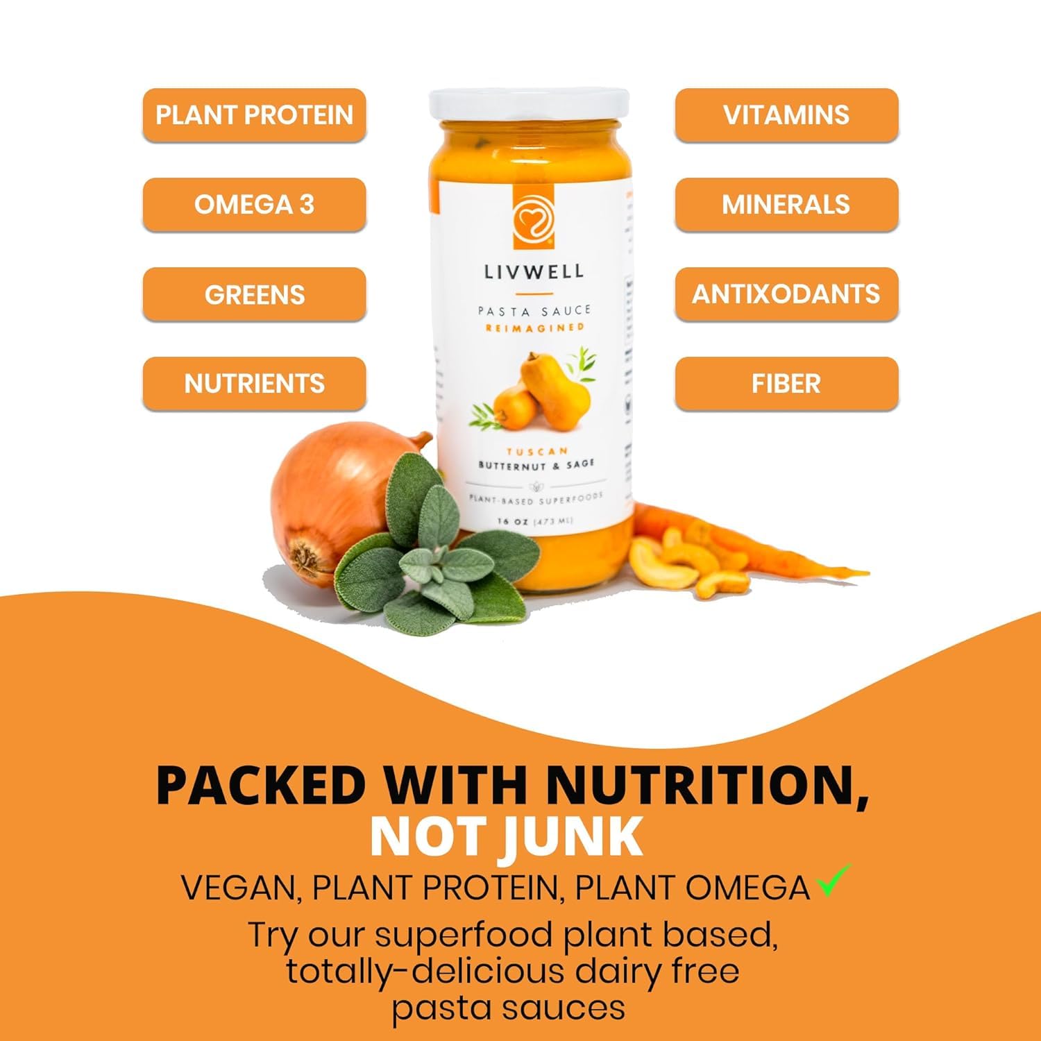 LIVWELL Variety Pack Plant-Based Pasta Sauce - Pack of 3 with Roman Green Goddess, Calabrian Chili Peppers, and Tuscan Butternut Squash - Vegan & Gluten Free